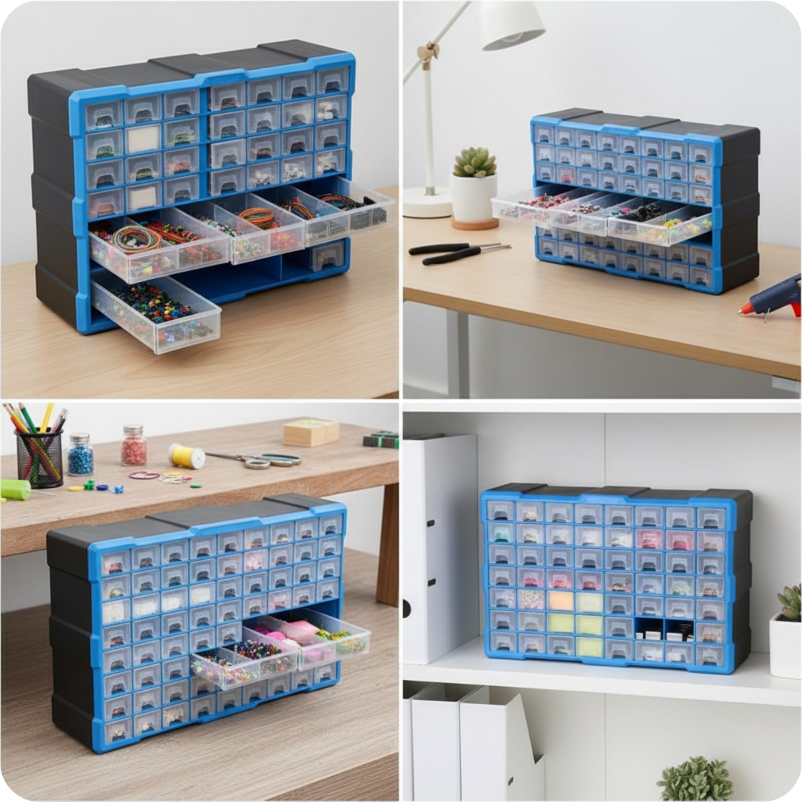 Organizador de Componentes con 64 Cajones Transparentes Gabinete de Almacenamiento Cajonera de Piezas Archivador de Tornillos Distribución Eficiente, Azul