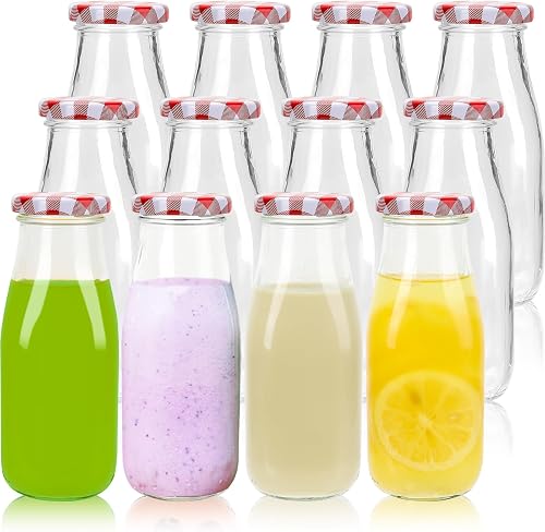 Glass Milk Bottles with Gingham Lids, 12 Pack 11 oz Clear Glass Drinking Bottles (Tinplate), 330 ml Glass Milk Jars for Juicing, Water, Honey and Storage