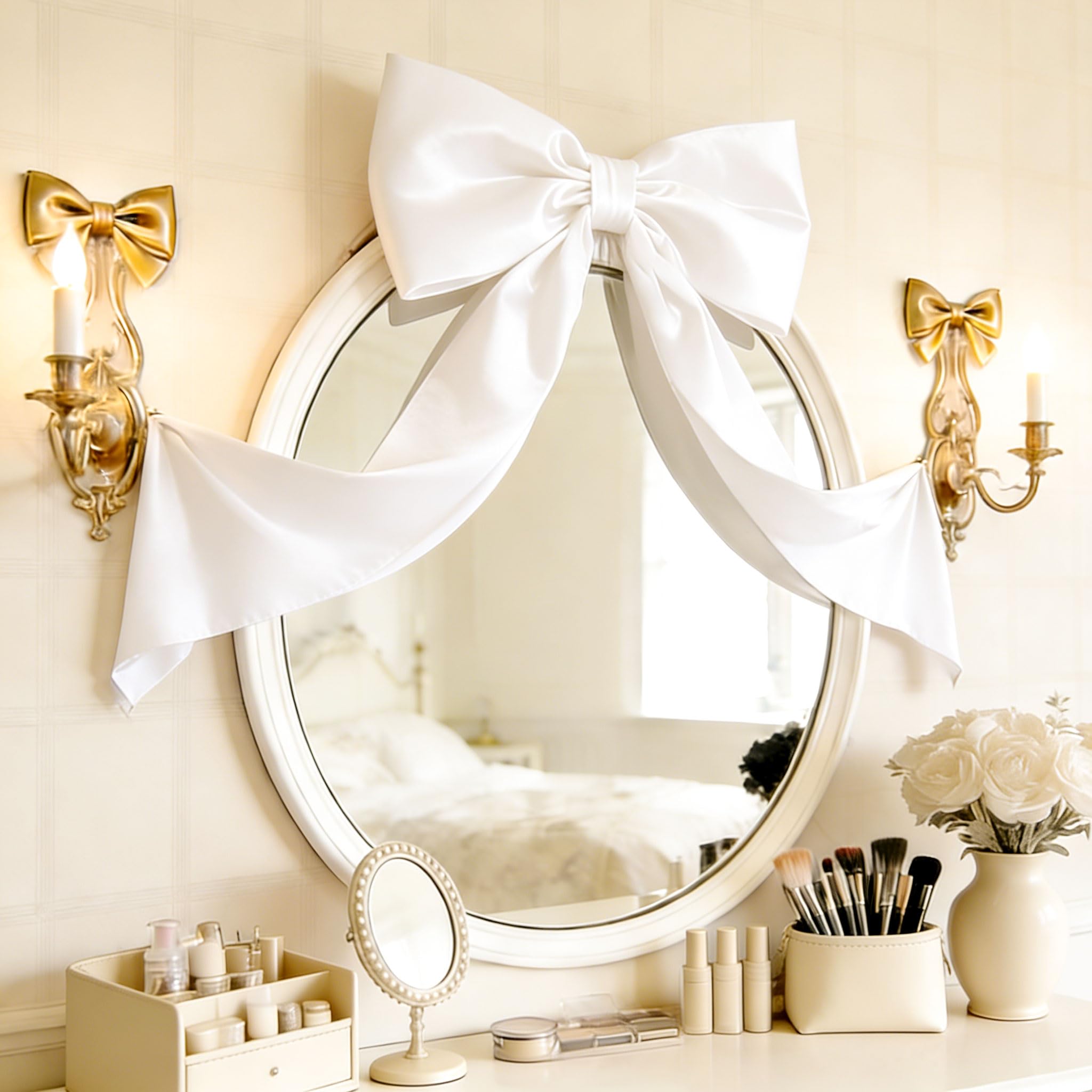 Large Satin Bow Decoration White Bows Coquette Wall Home Room Decoration for Wedding Birthday Baby Bridal Shower Supplies 57 cm x 94 cm
