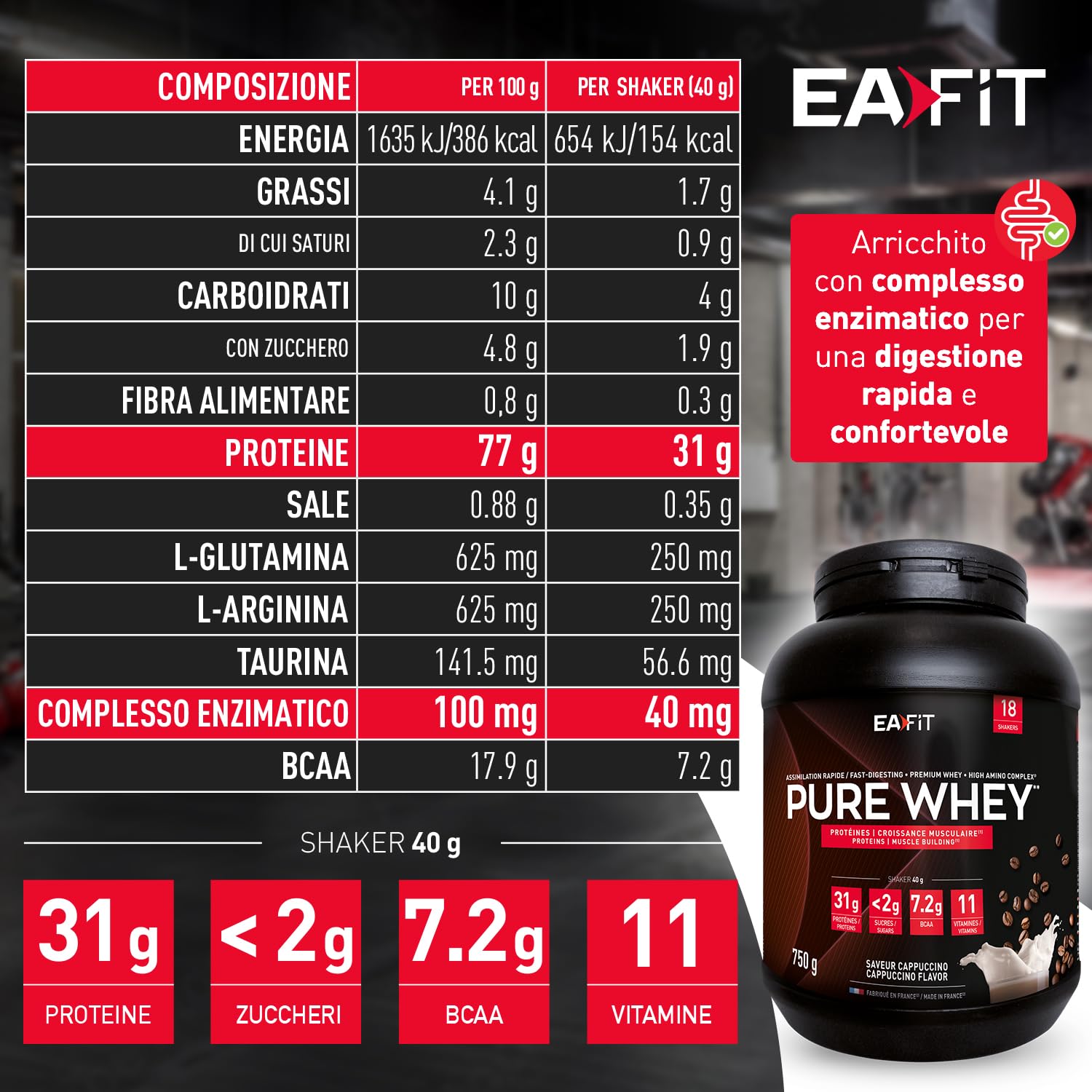Proteine in Polvere del Siero del Latte, Whey Pure Whey EAFIT, 750g, Gusto Cappuccino, Aminoacidi ed Enzimi Digestivi, Proteine Massa Muscolare Crescita, Assimilazione Rapida, Whey Protein