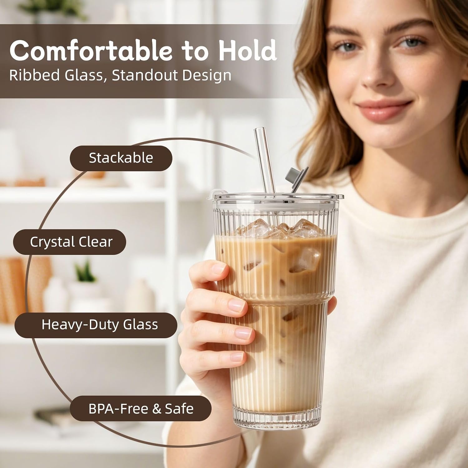 20 oz Ribbed Glass Tumblers with Lids & Straws, 4 Pack image 5