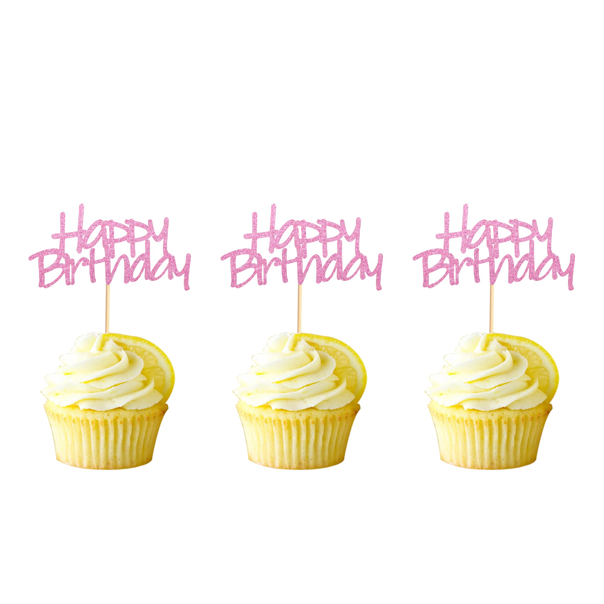 Arthsdite 24pcs Happy Birthday Cupcake Toppers Pre-Assembled Pink Glitter Cake Food Fruit Picks for Celebrating Birthday Party Decoration Supplies
