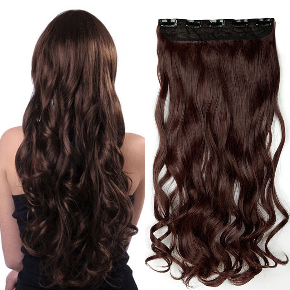 17"(43cm) Extensiones de Cabello Clip Pelo Sintético Se Ve Natural [Castaño Caoba Oscuro] [Una Pieza 5 Clips] Rizada Ondulada Postizos Pelucas para Mujer (120g)