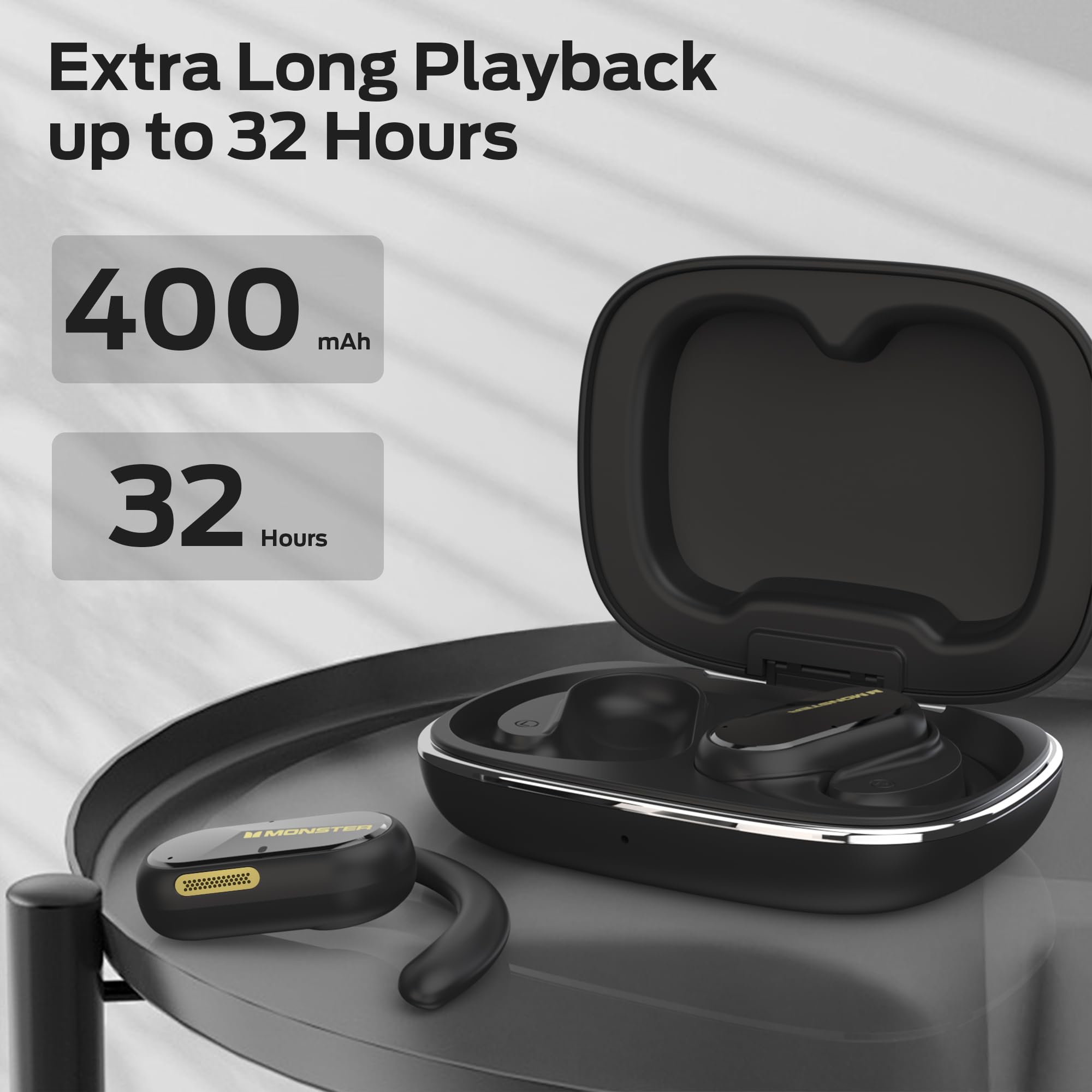 Monster Open Ear AC312 Headphones, Bluetooth 5.4 Wireless Earbuds with Noise-Cancelling Mic for Clear Calls, Powerful Sound by 16mm Large Drivers, Touch Control 32H Playtime, IPX5 Waterproof for Sport