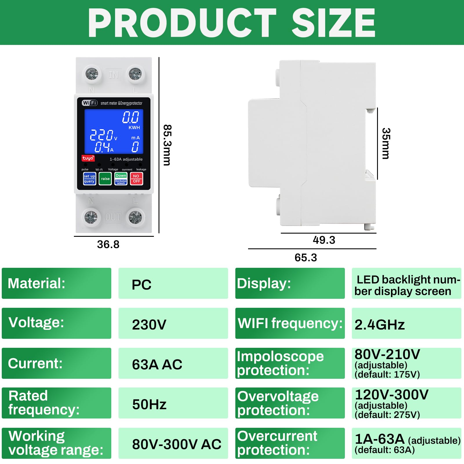 DEWIN Miernik zużycia energii WiFi, AC230V 63A Tuya Smart WiFi WiFi Regulowany miernik zużycia energii elektrycznej WiFi Ochrona przed przepięciem i podnapięciem z wyświetlaczem LCD(regulowane