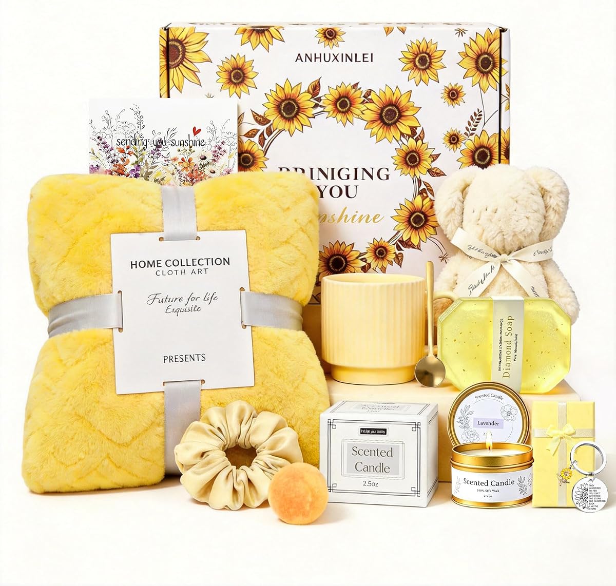Sunflower Gifts for Women Birthday, 11Pcs Get Well Care Box | Ready-to-Give Sunshine Care Box with Cozy Blanket, Ceramic Mug, Lavender Candle and Spa Essentials