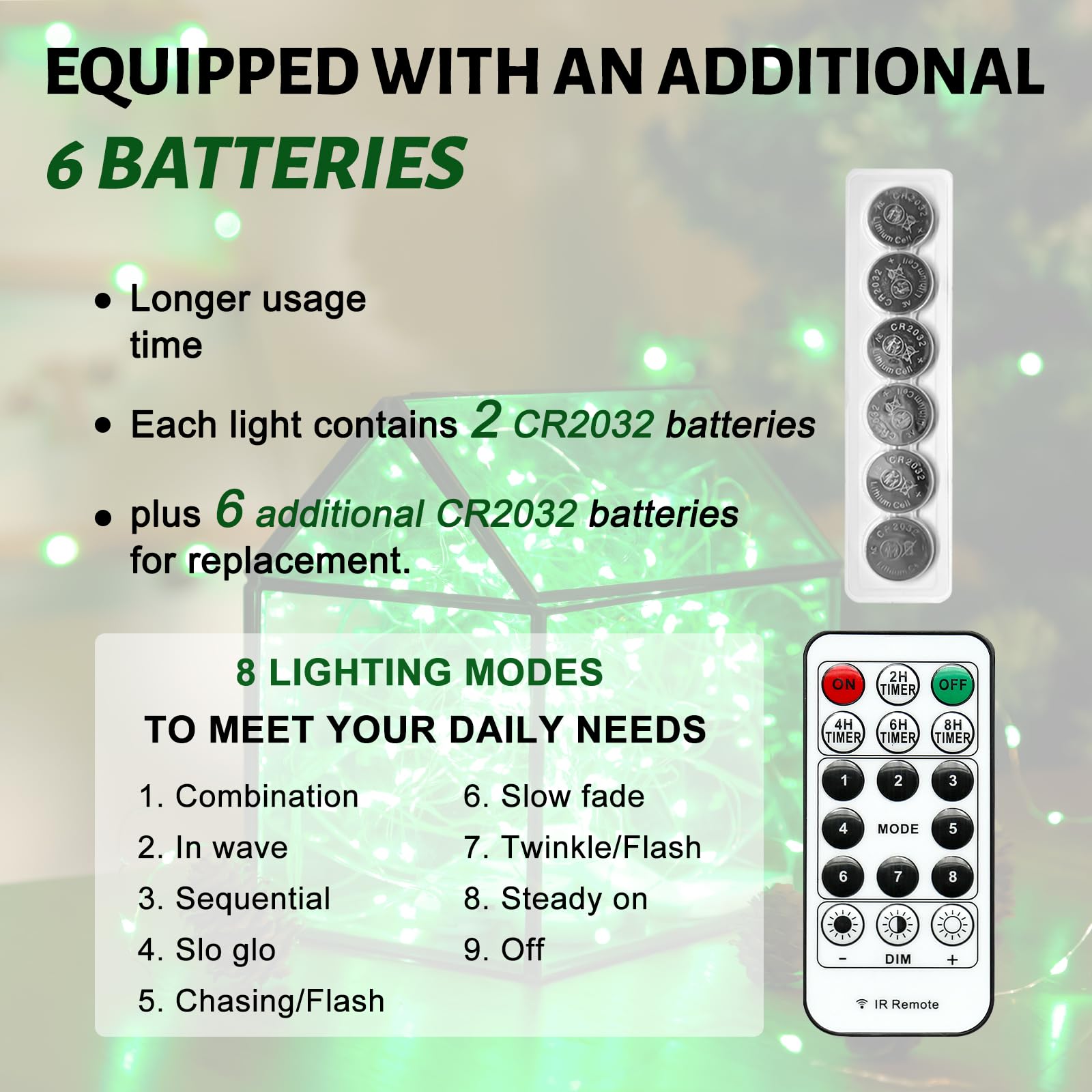 6 luces de hadas alimentadas por pilas con control remoto verde