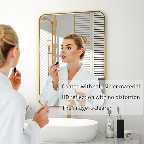 Miniatura 3 de PAIHOME Espejos de baño de oro cepillado de 24 x 36 pulgadas para pared, espejo de tocador con marco de acero inoxidable 304, espejo rectangular de