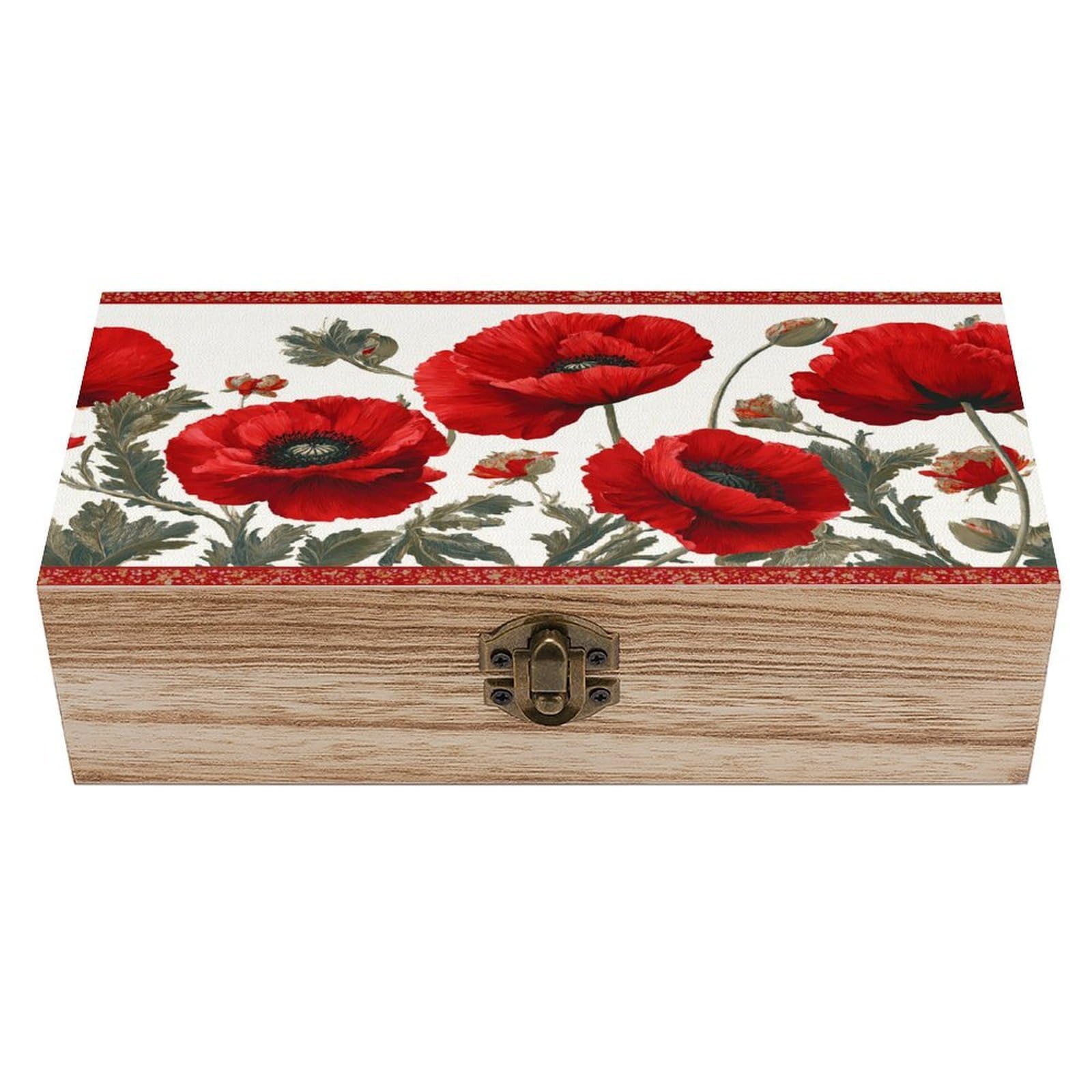 asbwuo Red Poppies Wooden Storage Box with Hinged Lid