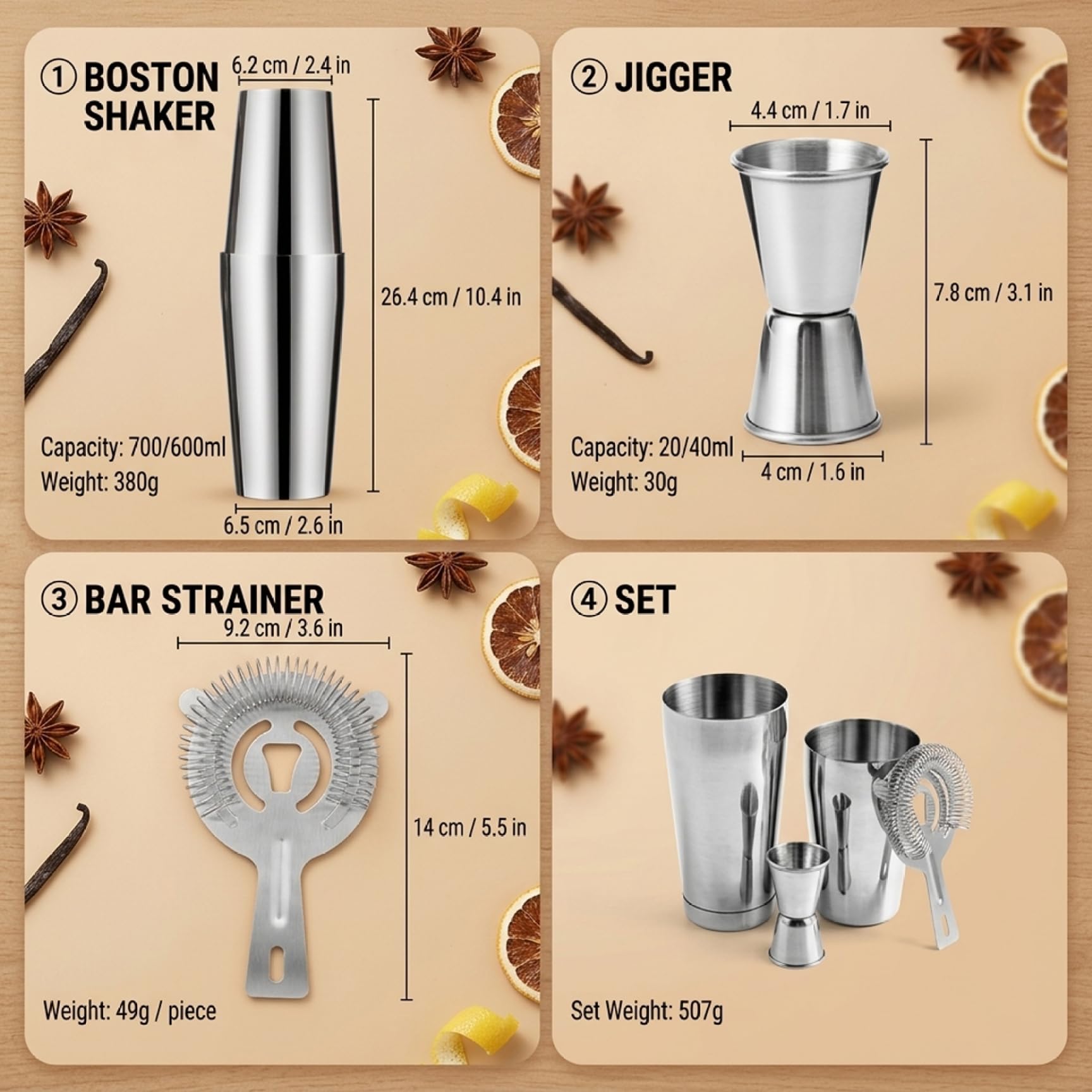 Juego de coctelera de 10 Piezas, Juego de coctelera de Acero Inoxidable de 750 ml con Soporte de Madera Profesional para Bares caseros Barman