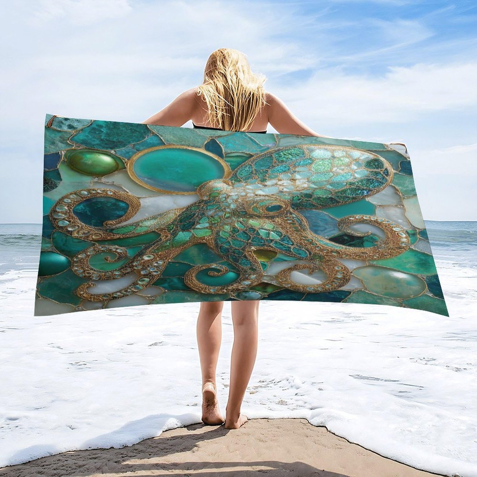 Luyysky Rustic Fantasy Ocean Octopus Quick-Drying Beach Towel, Funny Modern Animal Octopus Blue Gold Marble Texture Travel Vacation Single Sided Pile Bathroom Towels-80 W Cm X 160" L Cm