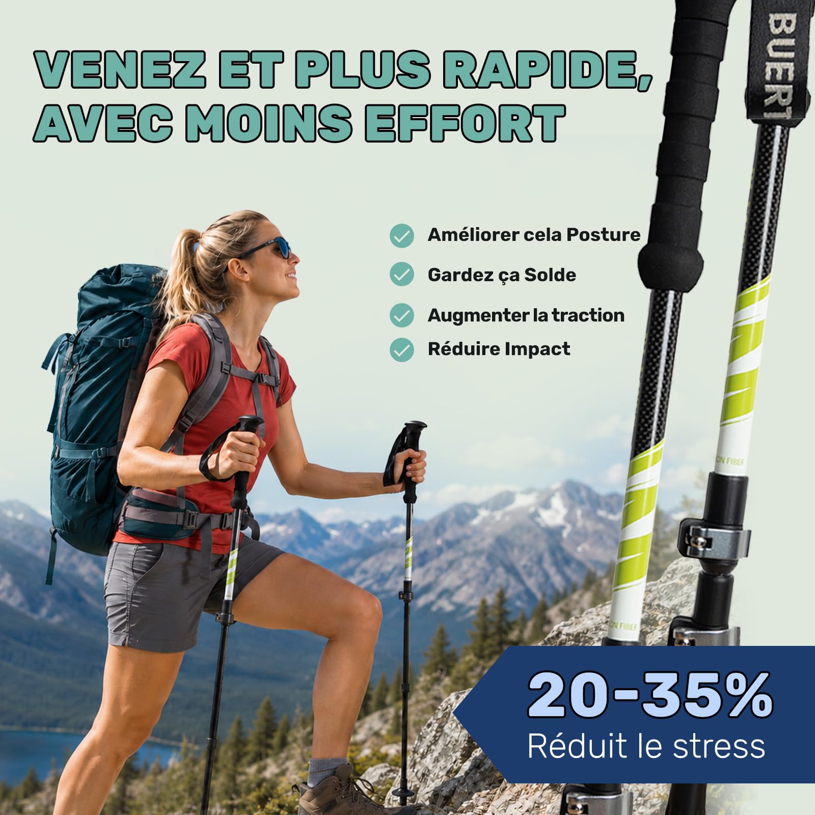 Bâtons de randonnée en Fibre de Carbone, Lot de 2, bâtons de Marche légers, réglables 64-135 cm, Pliables, bâtons de Nordic Walking pour Hommes et Femmes, adaptés au Camping et à la randonnée
