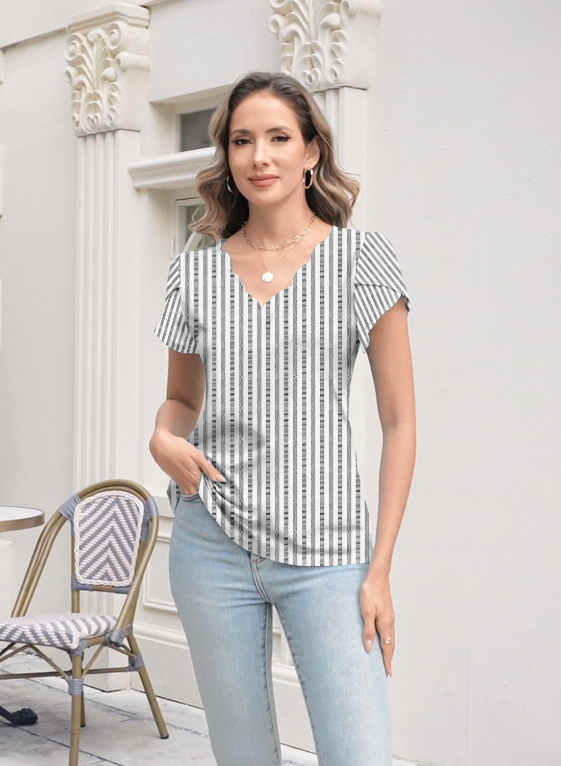 Womens Summer Tops Seashell Edge V Neck Shirts Petal Short Sleeve Top Dressy Casual Tunic Blouses - Image 4