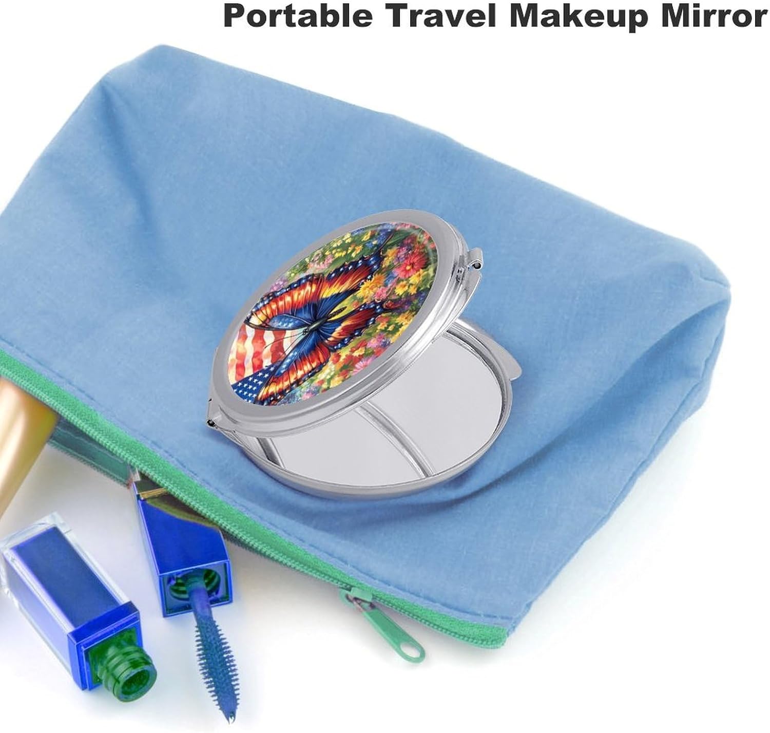 U.S Flag Butterfly Flower Compact Makeup Mirror Mini Foldable Cosmetic Mirror Portable Travel Mirror for Purse Pocket