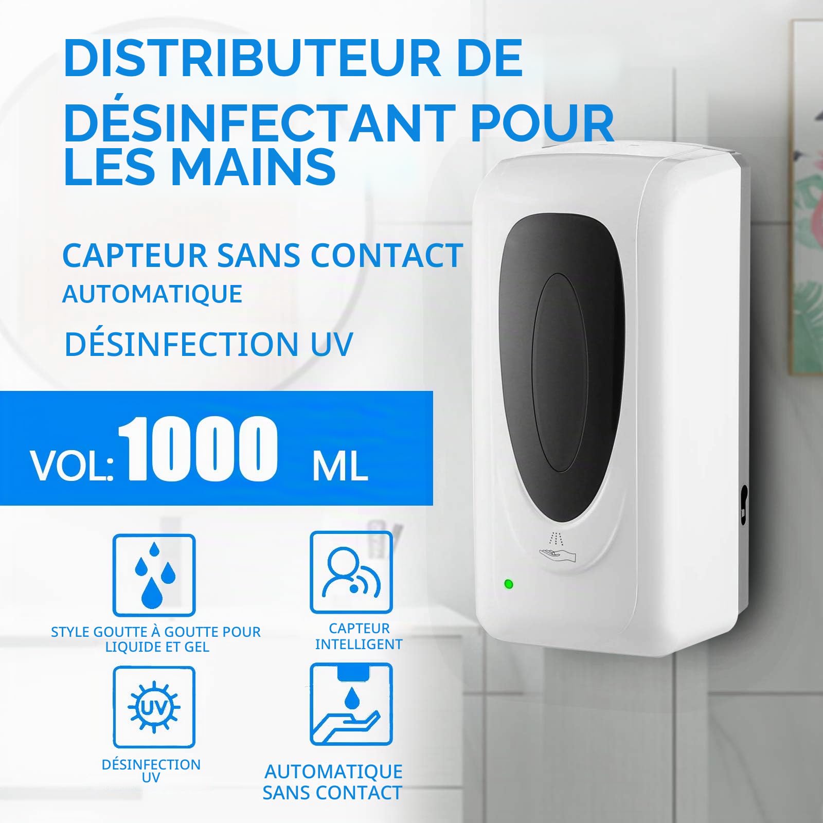 Distributeur Savon Automatique Mural,1000 ML Distributeur Savon De Savon Liquide sans Contact,avec Capteur Infrarouge,pour Bains AppropriéE,Cuisines,HôTel,Restaurant - Blanc