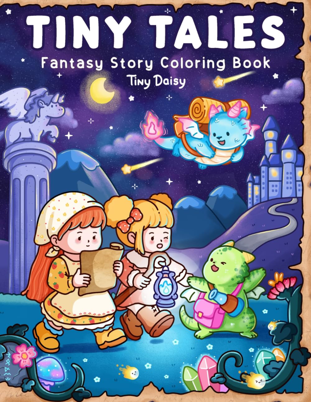 Tiny Tales Coloring Book: Midnight Cover Fantasy Story for Teens & Adults Featuring Cute Dragons and Girls with Magical and Cozy Everyday Moments (8.5x11 inch)