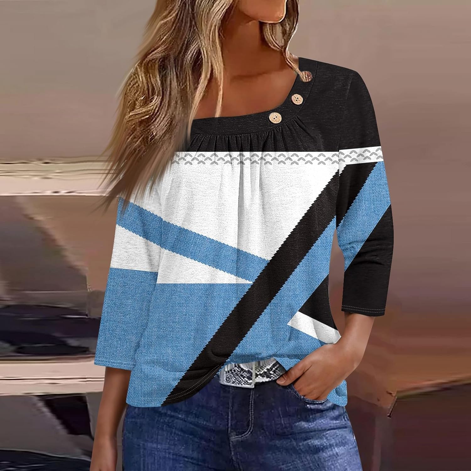 Women's 3/4 Length Sleeve Tops, Square Neck Tops Casual Summer Printed T-Shirts, S-3XL
