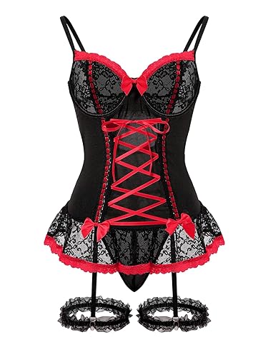 Foxiny Sexy Mesh Corset Ruffle Lace Up Underwire Sheer Garter Belt Babydoll Lingerie Set With Thong 3 Piece Women - Medium - Black Red