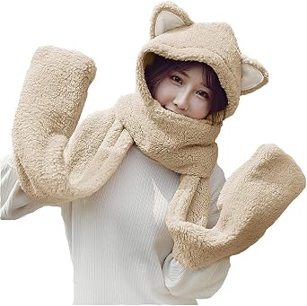 Women Girls Cute Panda Animal Winter Hats 3 in 1 Warm Plush Hoodie Cap Paw Gloves Mitten Scarf Set