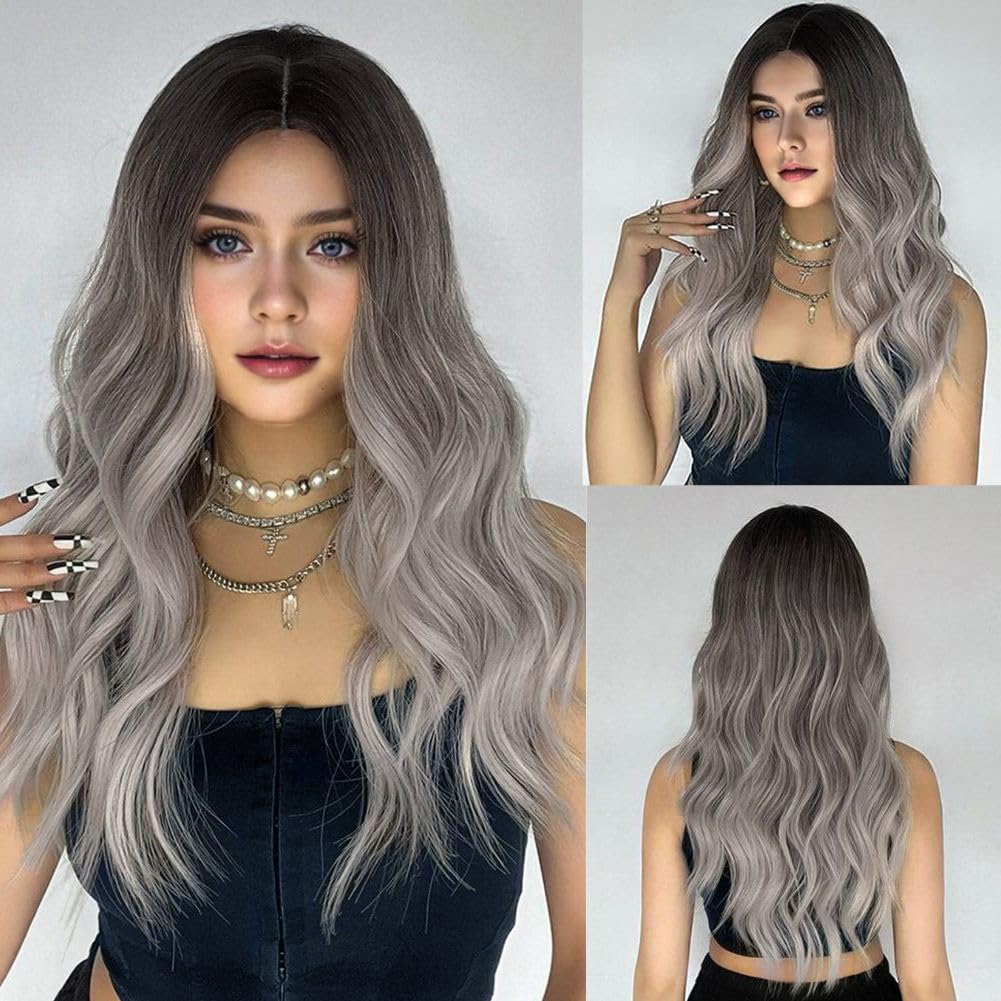 Siudus Ombre Grey Curly Long Wigs for Women Dark Root Gray Wavy Hair Wig Middle Part Synthetic Fiber for Cosplay Halloween Daily Use
