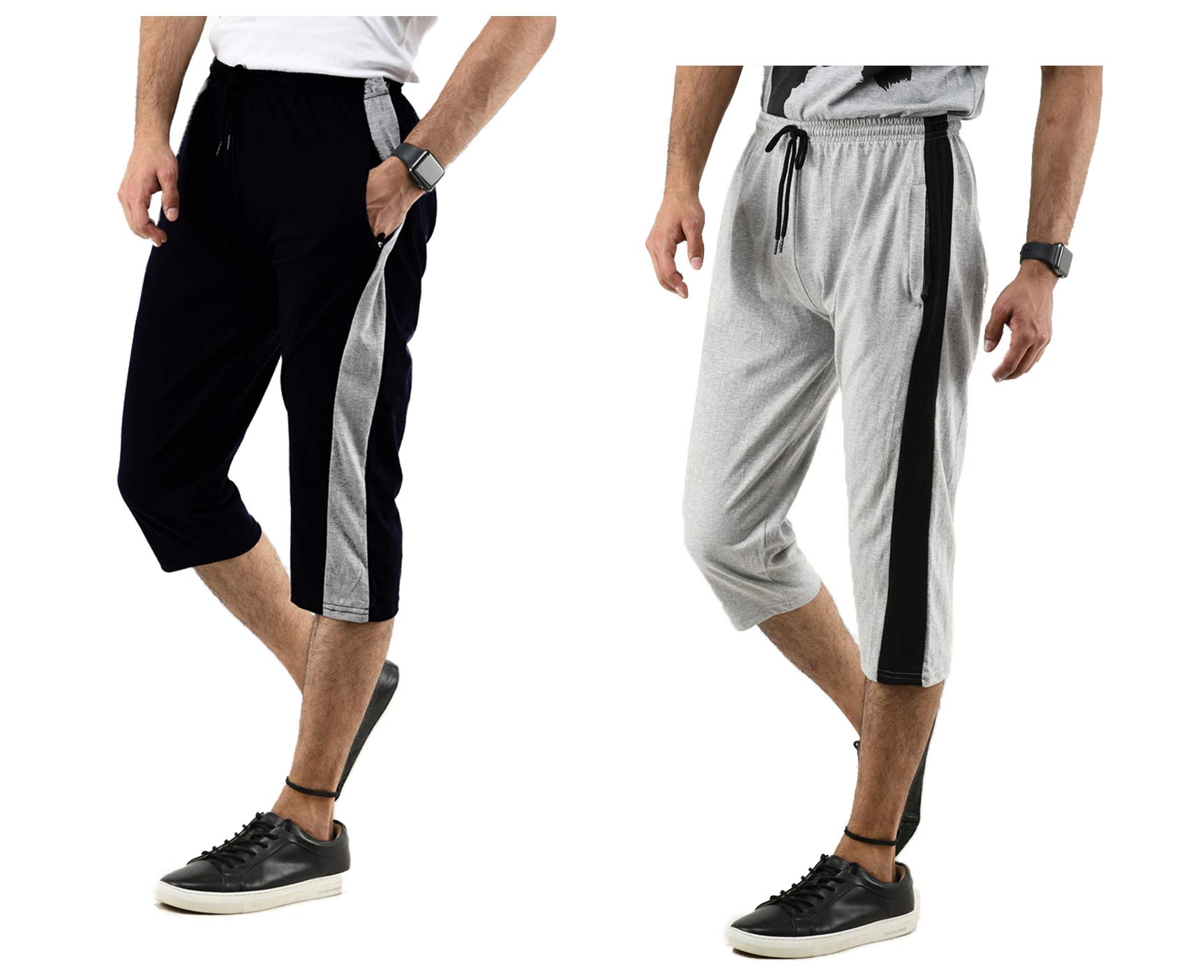 Pack of 2 Men’s Cotton Capri Pants with Side Stripe, Dual Side Pockets and Adjustable Drawstring Waist – Comfortable Knee-Length Casual & Active Wear Grey, Black-image-40