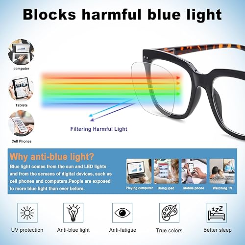 Miniatura 3 de Paquete de 6 lentes de lectura de moda para mujeres y hombres, bloqueo de luz azul, lectores cuadrados de gran tamaño con bisagra de resorte
