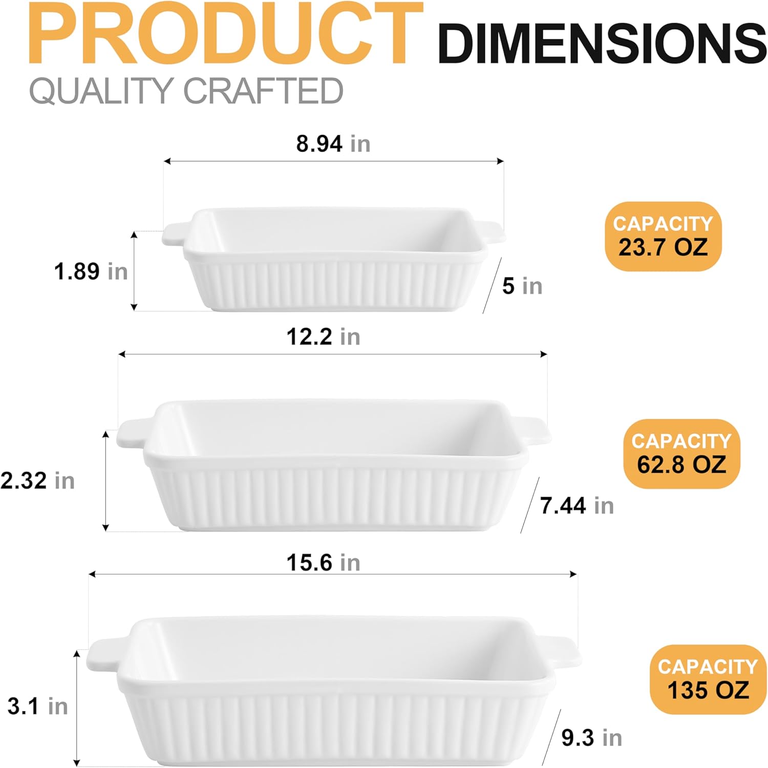 Casserole Dishes Set of 3 for Oven, Porcelain Baking Dishes 13×9 inch, Ceramic Cake Bakeware Set,Kitchen Rectangular Lasagna Pans with Handle