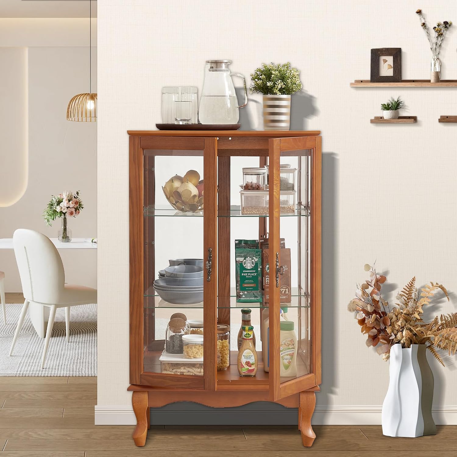 Curio Cabinet With Lighted Tall Leg Glass Door, Antique Display With Mirrored Back Panel, Vintage Accent Corner China for Living Room (Dark Oak)