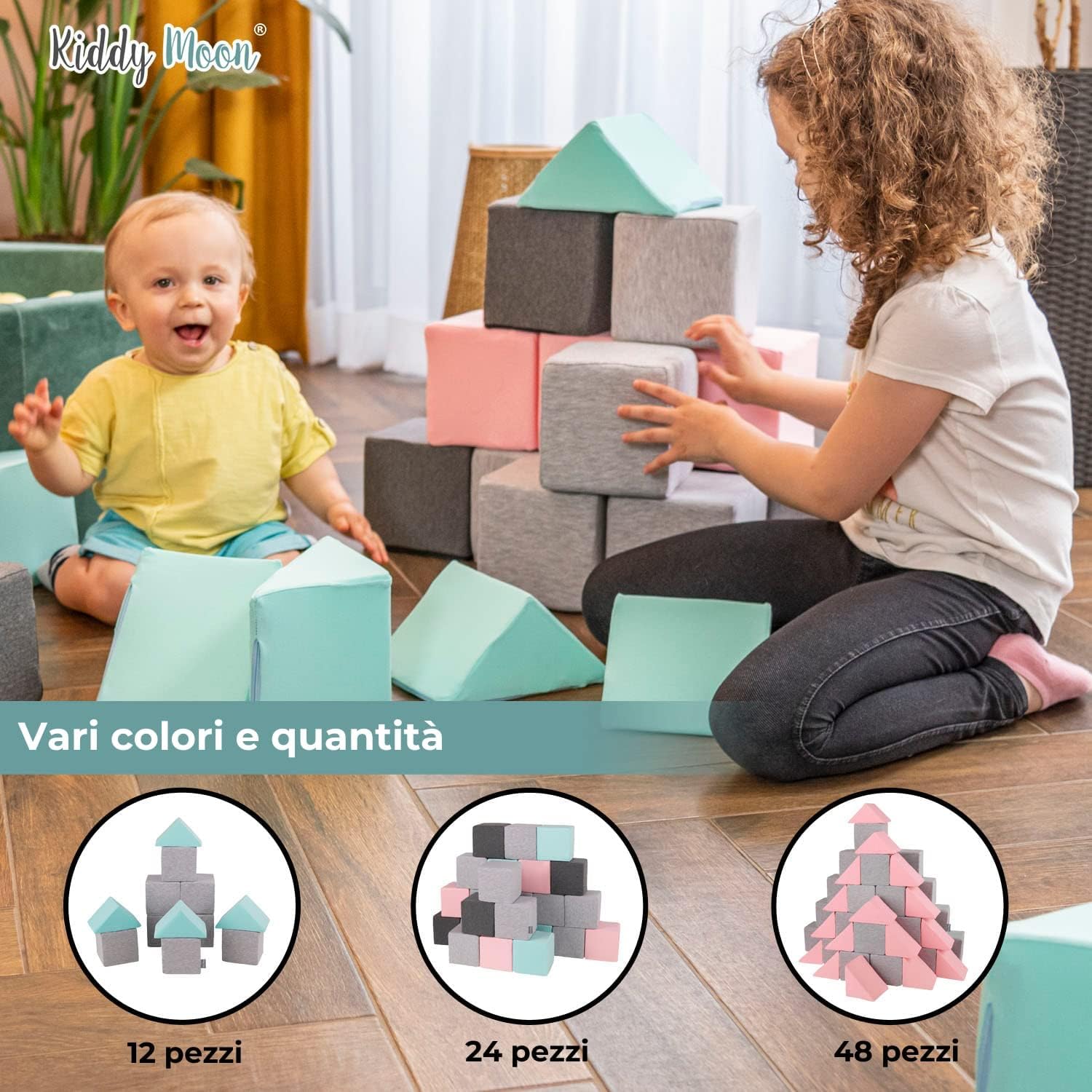 KiddyMoon Cubi Morbidi Schiuma 14 Cm, Blocchi Bambini, Fodera Velluto Zip Lavabile, Sensoriali, 12 Pezzi, Cubi: Laguna Turchese/Blu Ghiaccio/Grigio Dei Monti