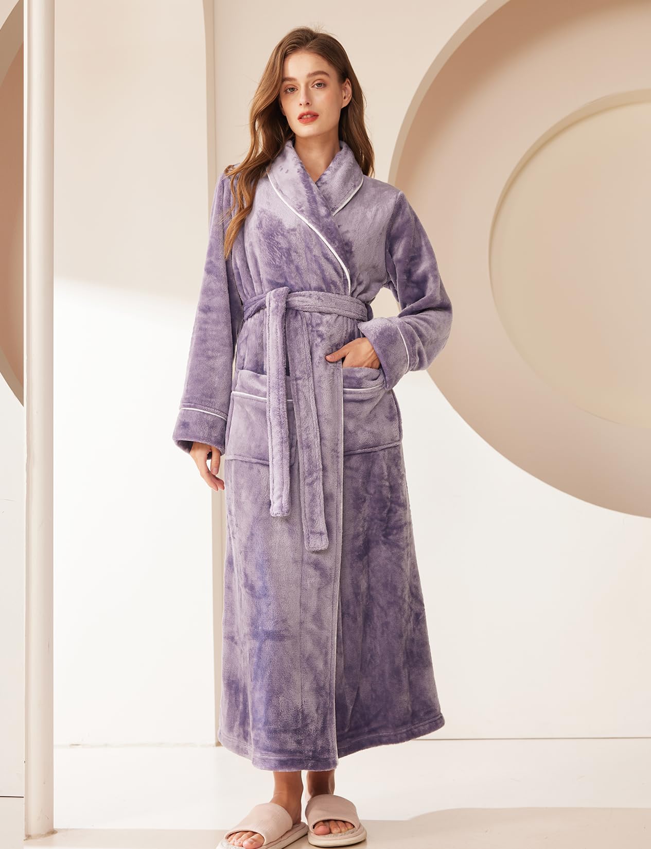 Albornoz de forro polar mullido para mujer, abrigo de casa de felpa para mujer, perfecto para descansar, bata larga, 01-lila, 40-44
