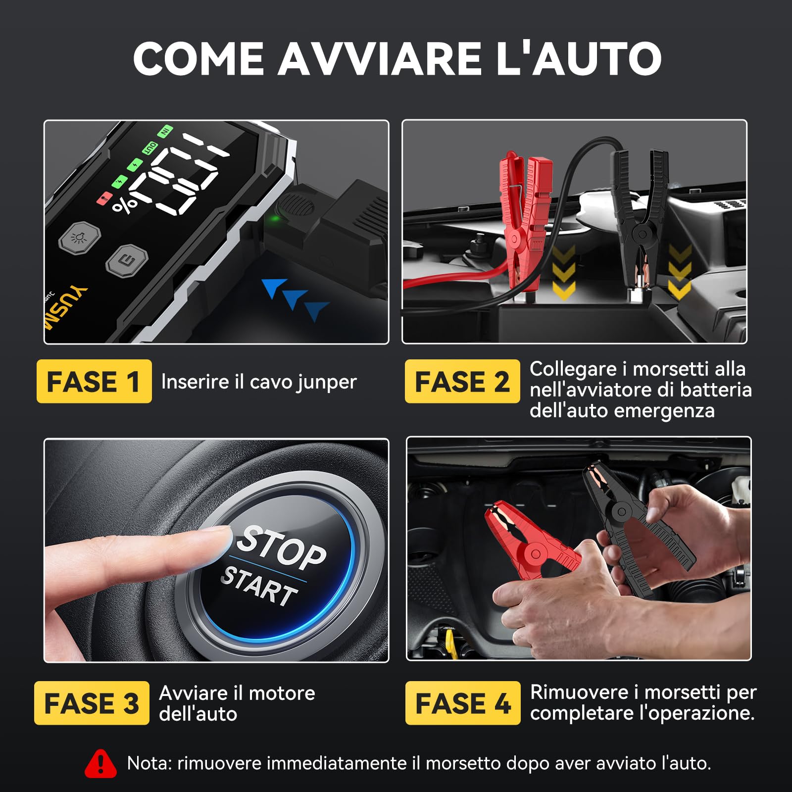 YUSMAN Booster Avviamento - 9000A Portatile Avviatore di Batteria Auto 12V (fino a ALL Gas/10.0L Diesel), Avviatore di emergenza per Auto con cavo di sicurezza, LED, 5 V/3A F02