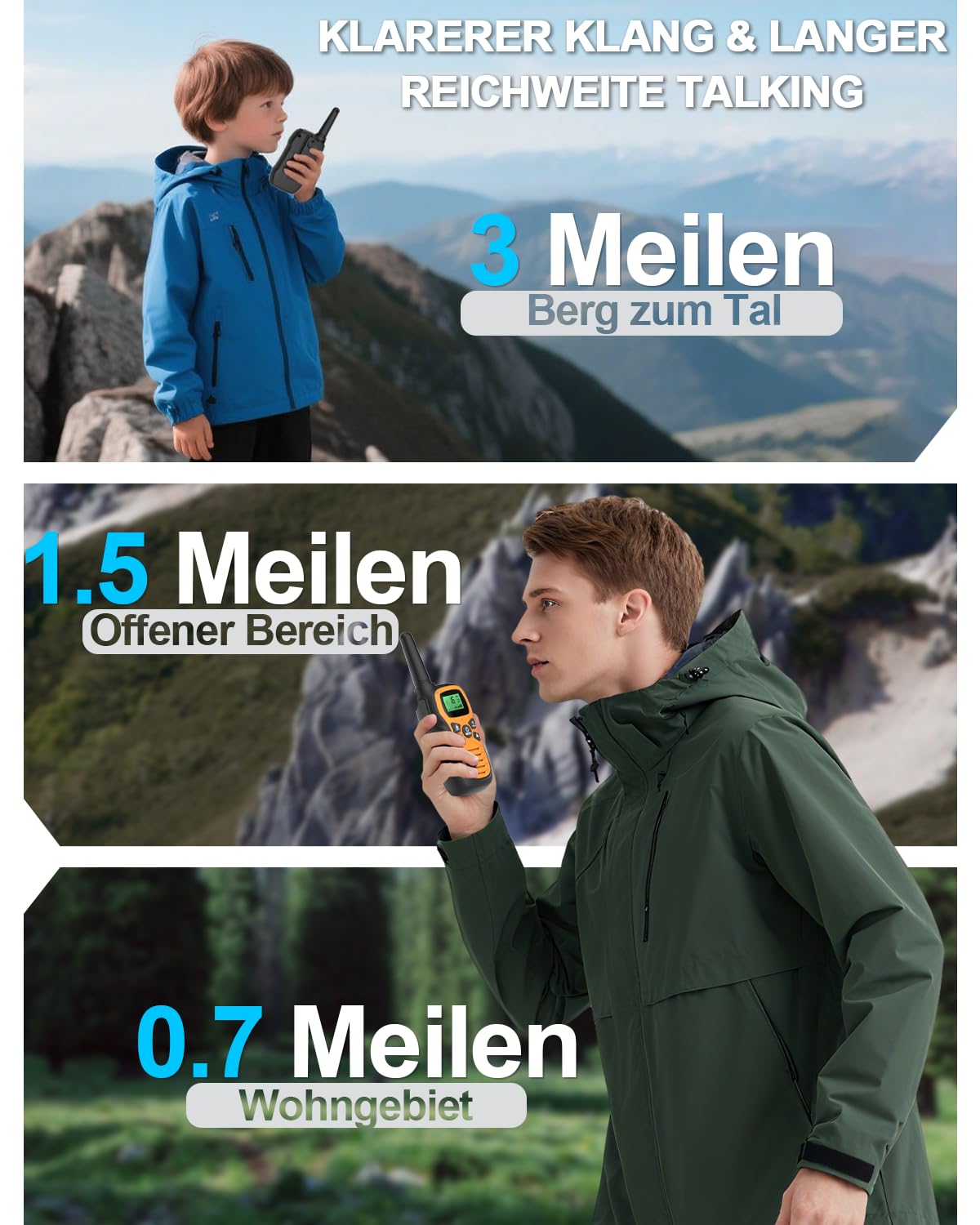 Walkie Talkie, Walkie Talkie Aufladbar für Kinder mit 16 Kanäle, 3er Set Funkgerät mit VOX Funktion, LED Taschenlampe, 3 Meilen Lange Distanz für Wandern Camping Abenteuer