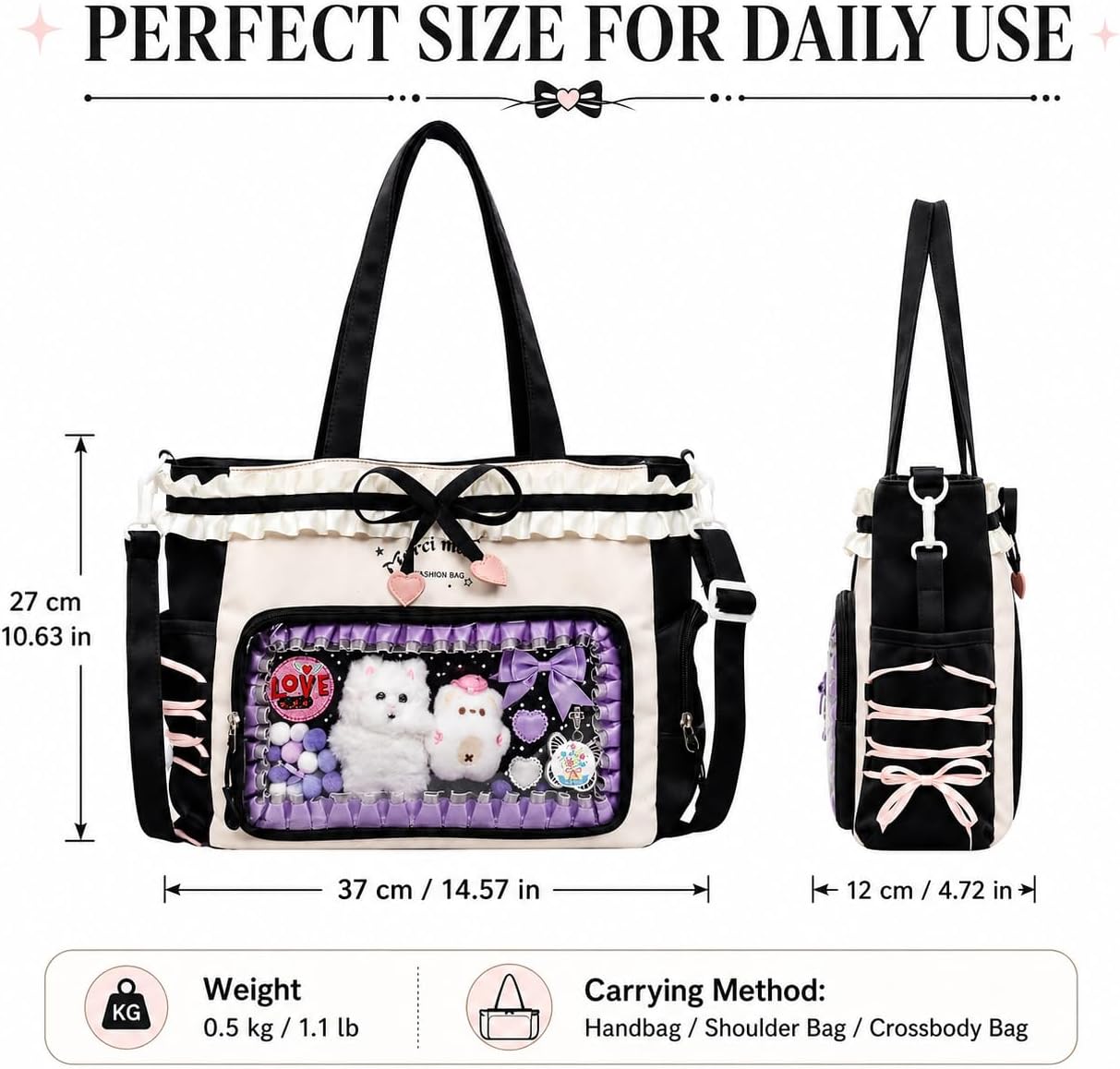 Kawaii Ita Bag with Ruffle Trim, Cute Color Block Crossbody Bag, Pin Display Shoulder Bag with Insert Y2k Style image 2