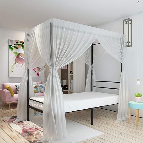 Miniatura 2 de JOM Marco de cama con dosel, tamaño individual, metal negro, 4 pósteres, marco de cama individual, esquina moderna con cabecero para niñas y niños