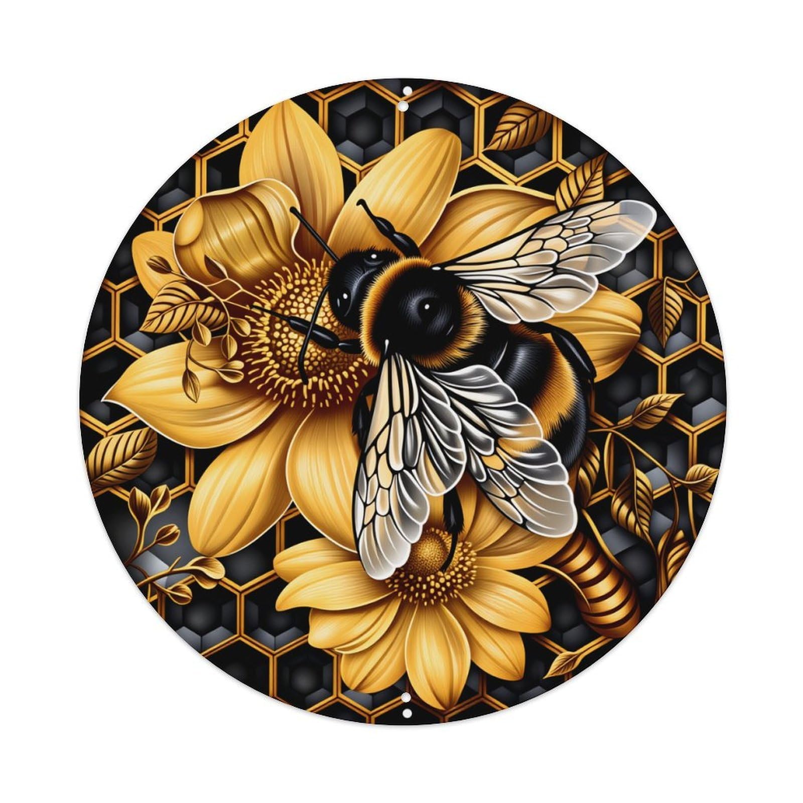 Golden Bee And Sunflower Pattern Round Tin Sign Vintage Metal Poster Retro Bar, Home, Man Cave, Kitchen, Laundry Room Wall Art Decor Gift 8x8In