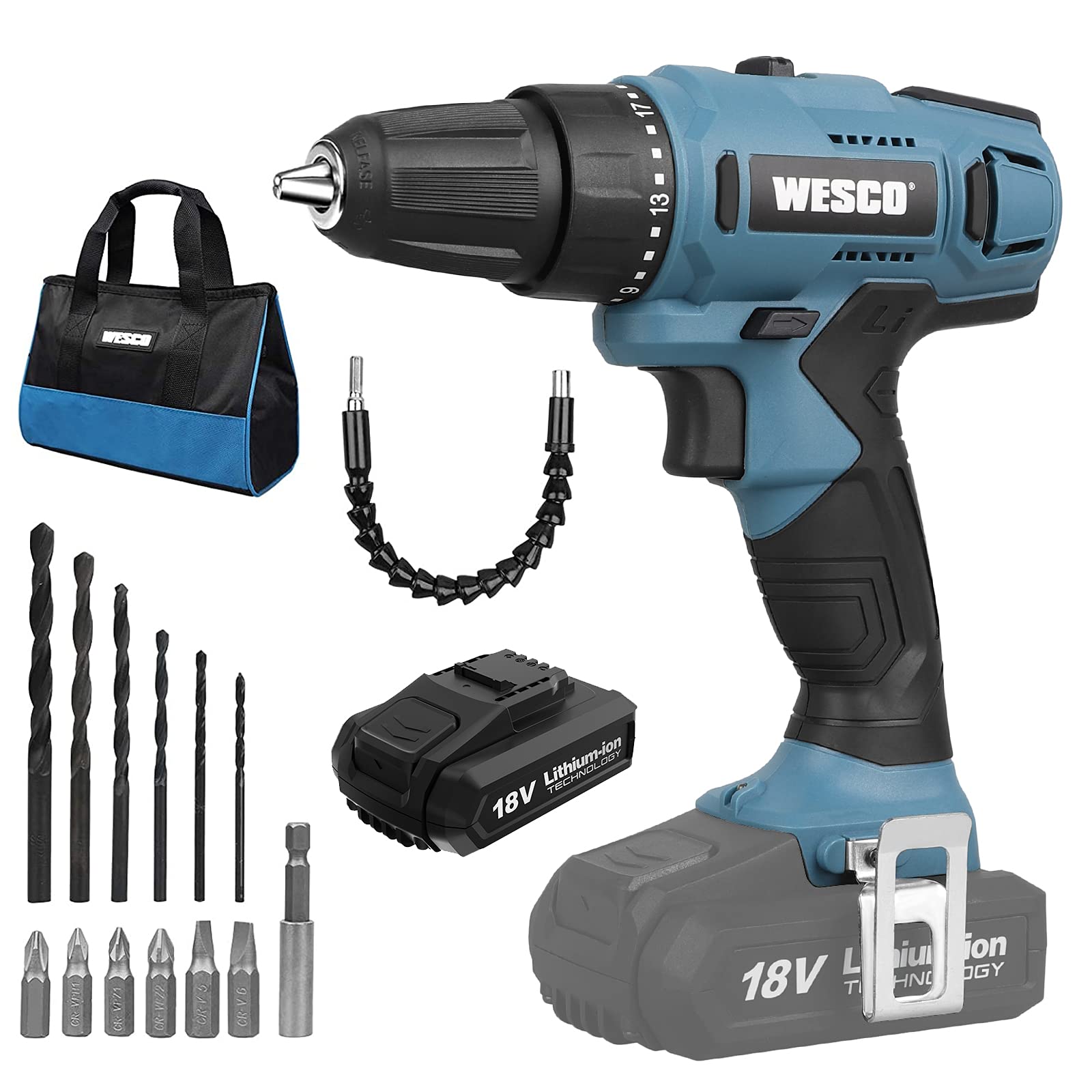 Cordless Drill, WESCO 18V 2.0Ah Power Combi Drill Kit with Liion