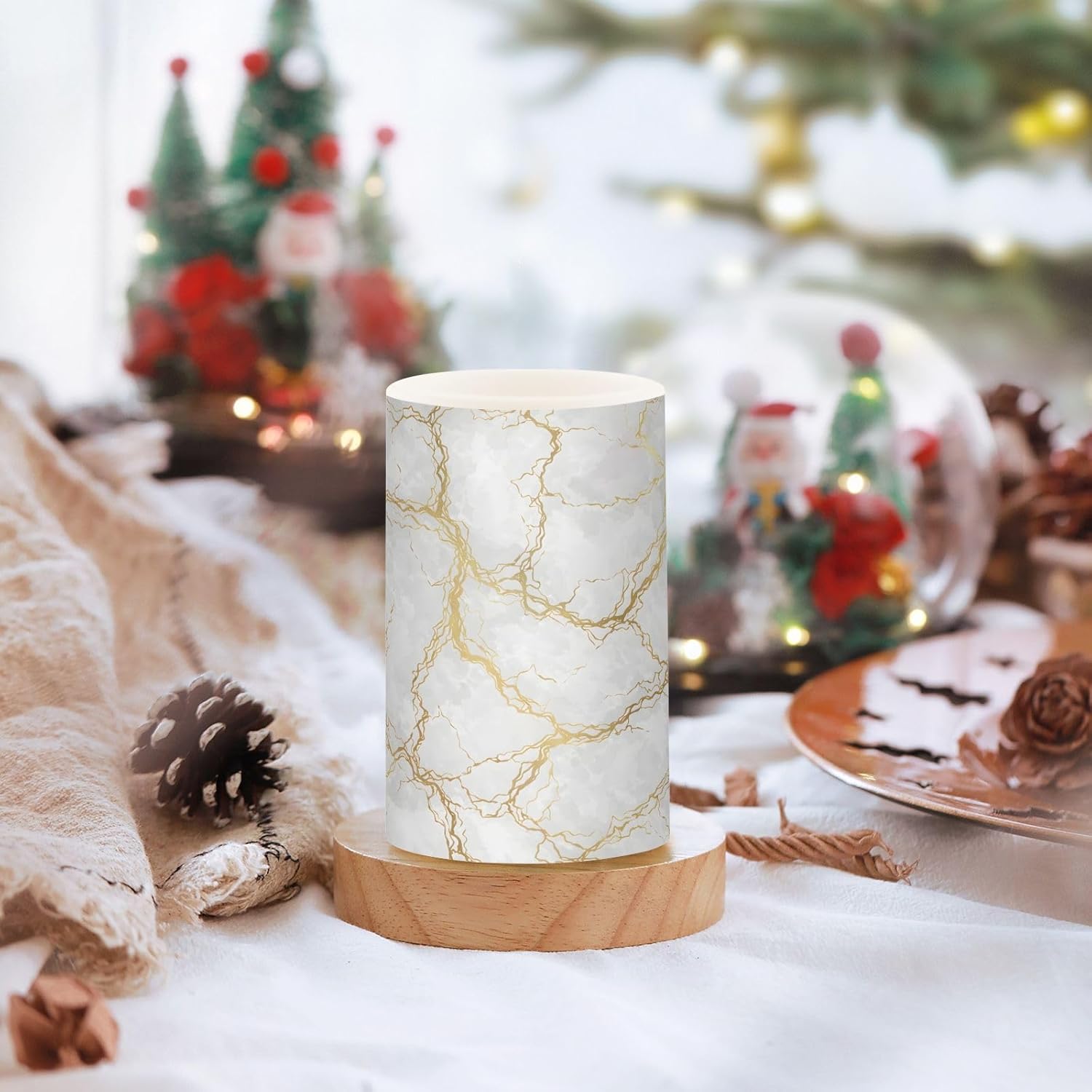 Flickering Flameless Candles, Marble Gray White Golden Texture LED Candles with Remote Timer, Set of 2 Battery Operated Candle for Valentine Wedding Birthday