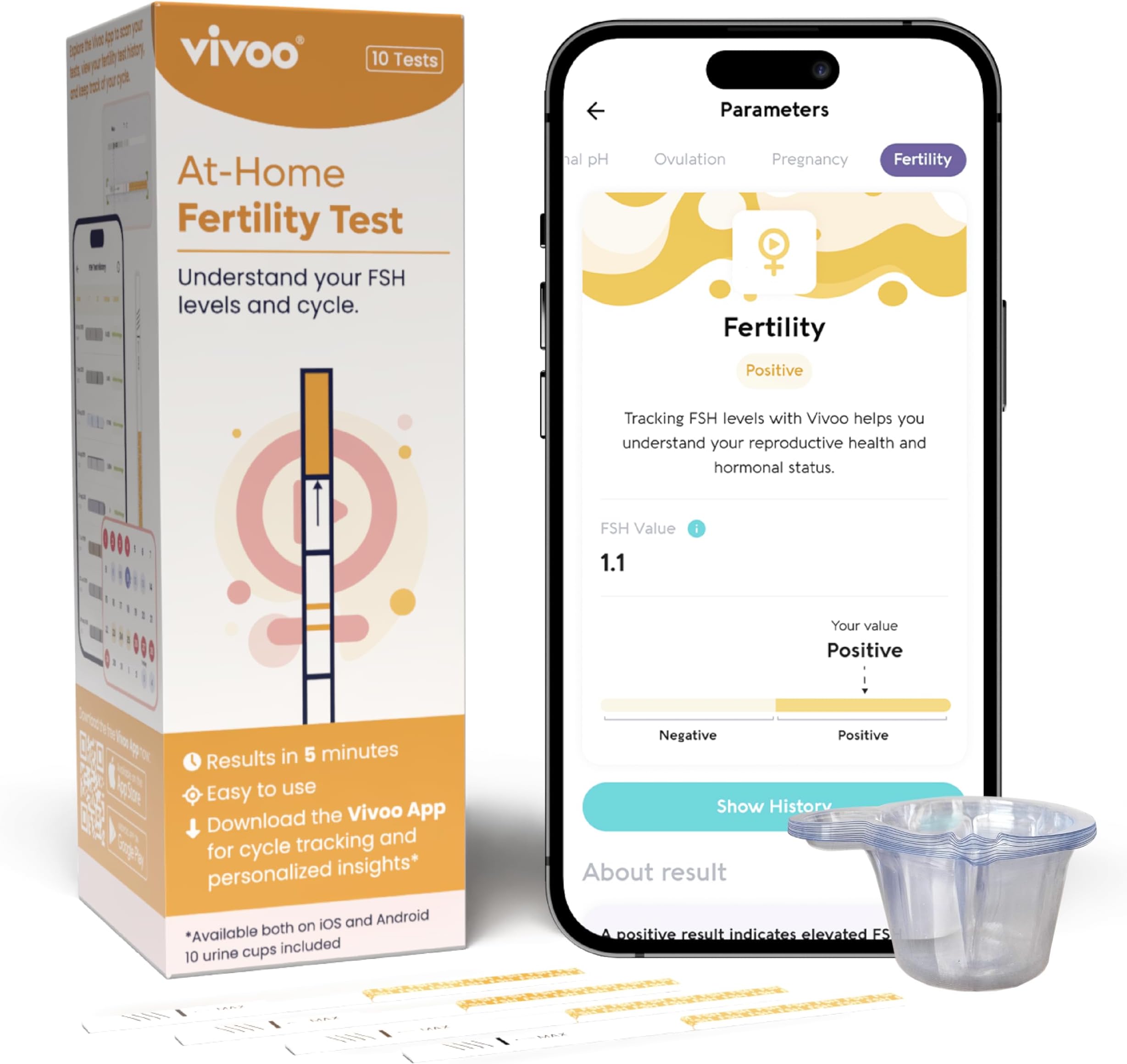 Fertility Test – At-Home FSH Test to Monitor Ovarian Reserve, Scan & Track with Free Vivoo App, 10 Individually Wrapped FSH Tests + 10 Urine Collectors