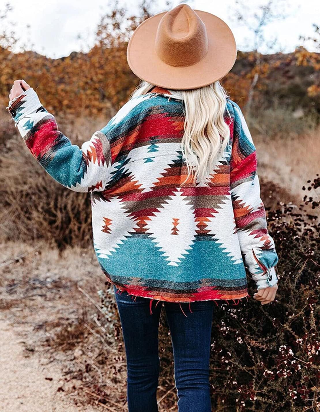 VIEWON Womens Aztec Print Shacket Jacket Western Long Sleeve Button Down Lightweight Casual Lapel Shirt Blouses Tops - Image 6