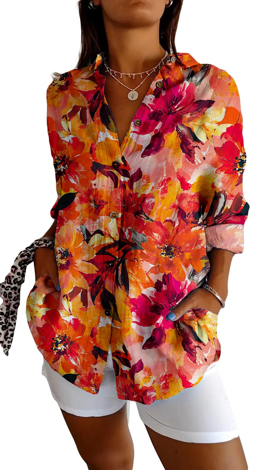 HOTYD Womens Long Sleeve Boho Shirts Button V Neck Vintage Floral Tops Ladies Blouses Dressy Casual Graphic Shirt 2025 Spring
