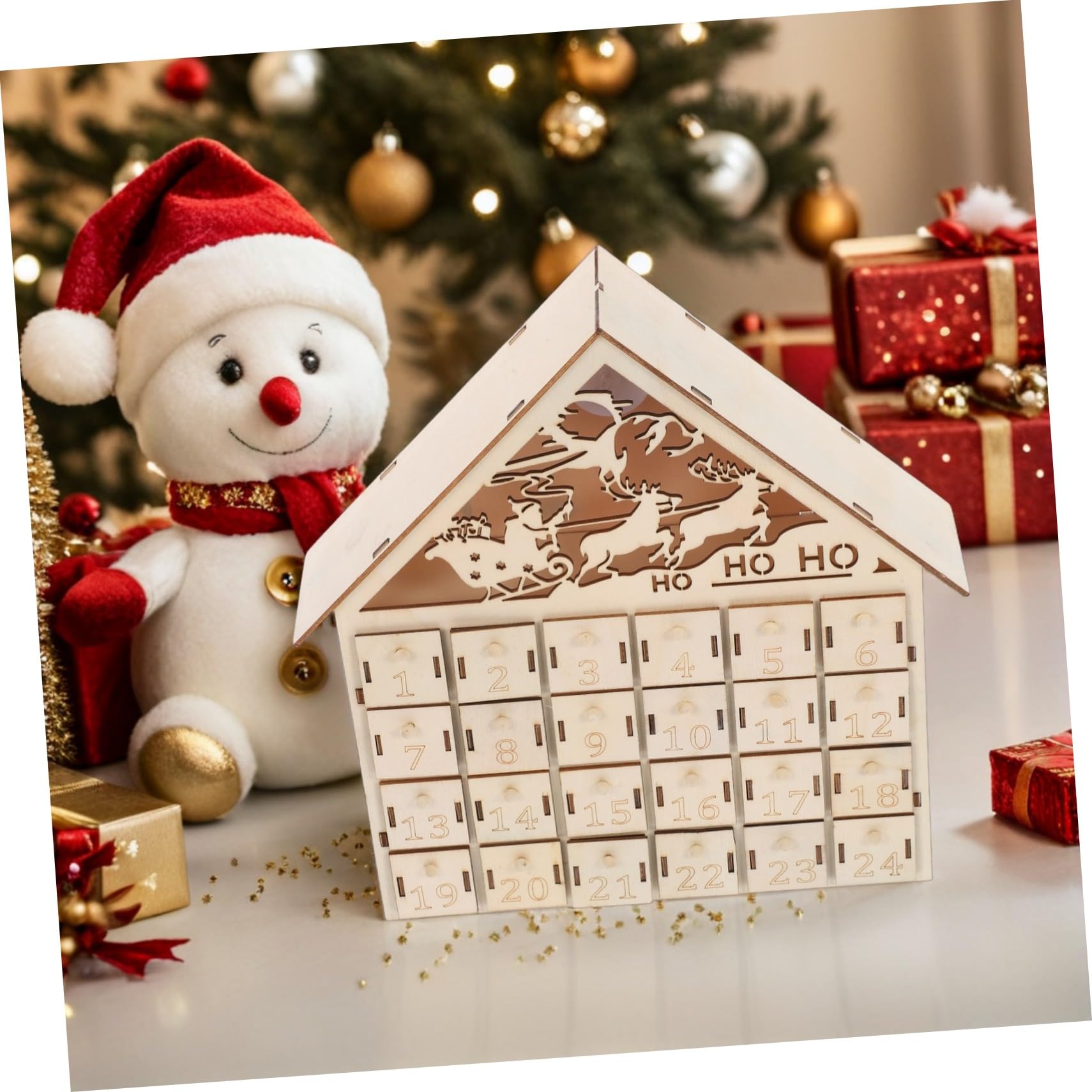 ULTECHNOVO Calendario de Adviento de Madera con Luz LED Rellenables Decoración Navideña Rústica para Mesa Calendario Reutilizable para Familia y Dulces de Navidad