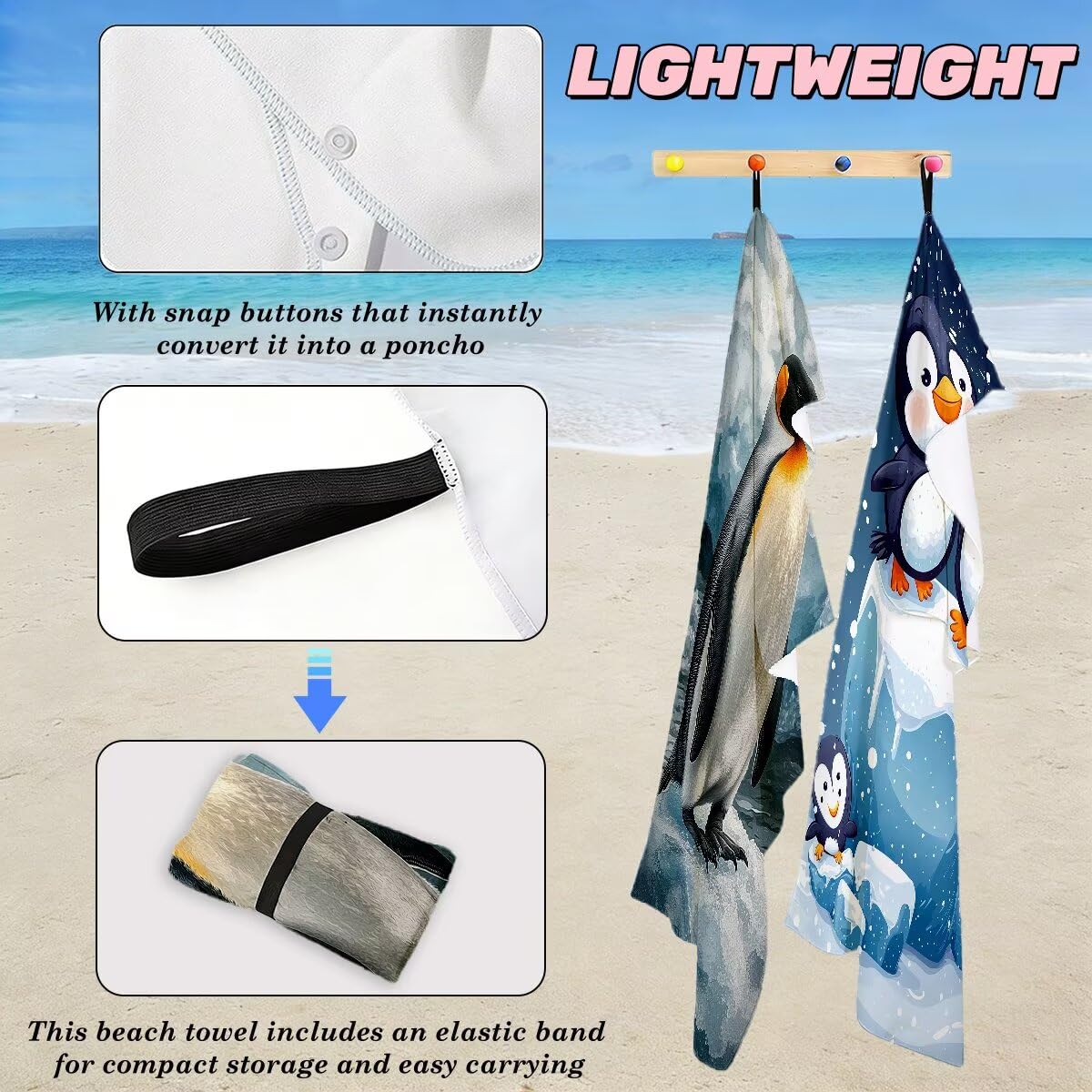 Toalla Playa 80x160 cm, Toalla Gimnasio Microfibra Secado Rapido, Juego de 2 Antiarena Toallas de Playa, Ligera Compacta Toallas Microfibra Grande para Viaje, Regalo Hombre Mujer (Pingüino) -4045