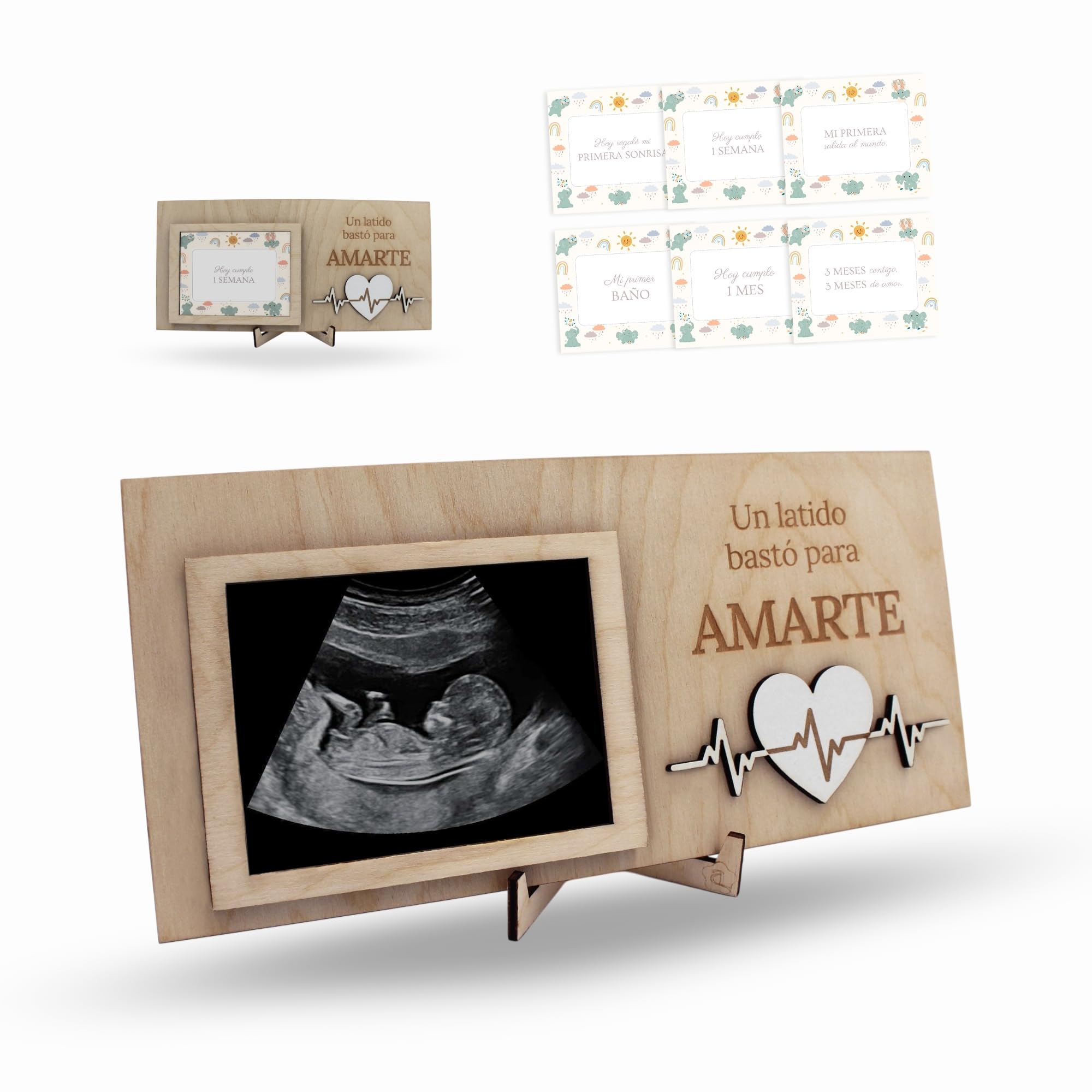 ayurvana: Marco Ecografía y Tarjetas Hitos - Regalo Recuerdo Bebé Madera | Marco madera personalizable con ecografía + 6 tarjetas de hitos. El pack completo para inmortalizar el primer año de tu bebé.