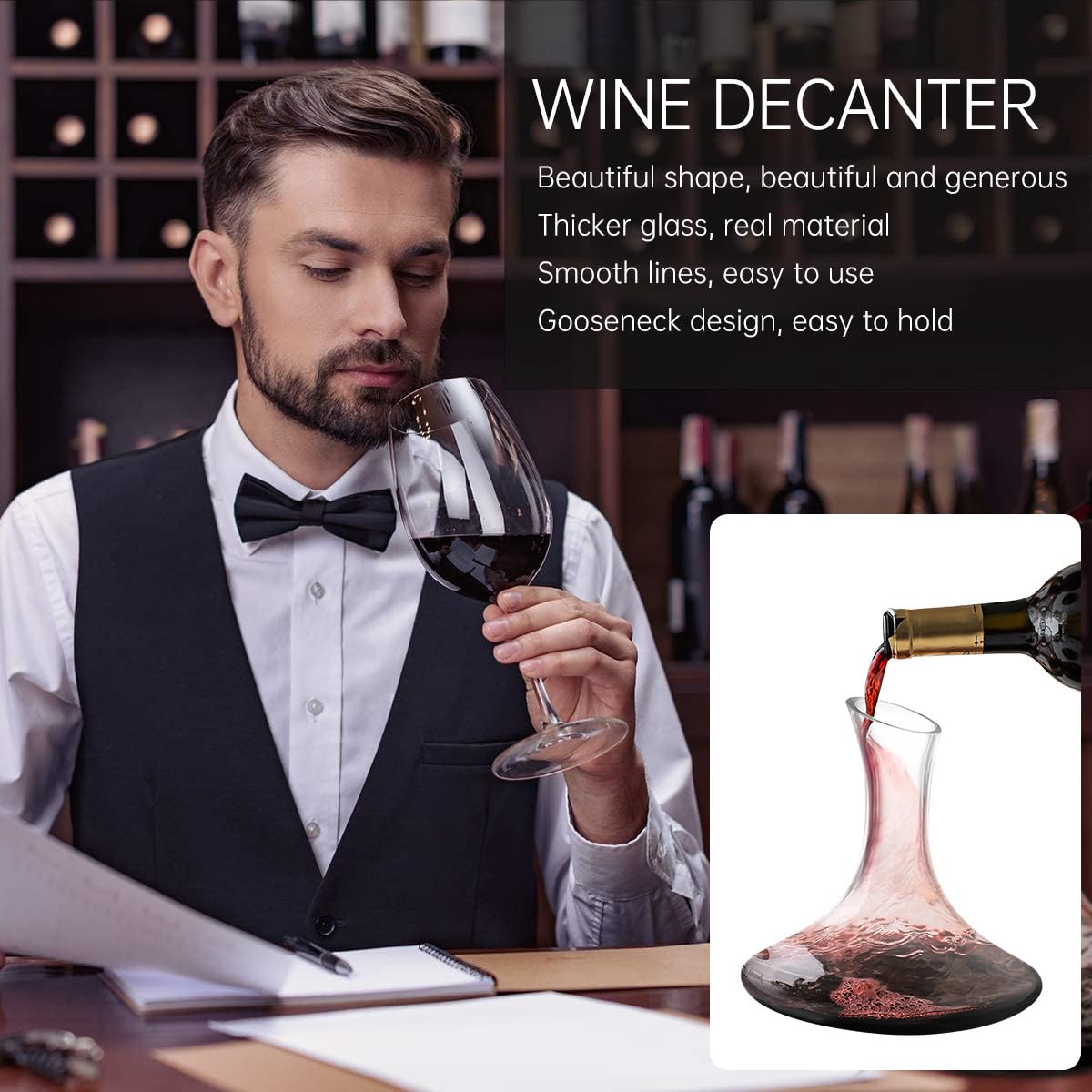 Angoily Decanter per Vino in Vetro Funzione di Potenziamento Aroma e Decorazione per Casa e Bar, Caraffa Elegante e Distributore Bibite