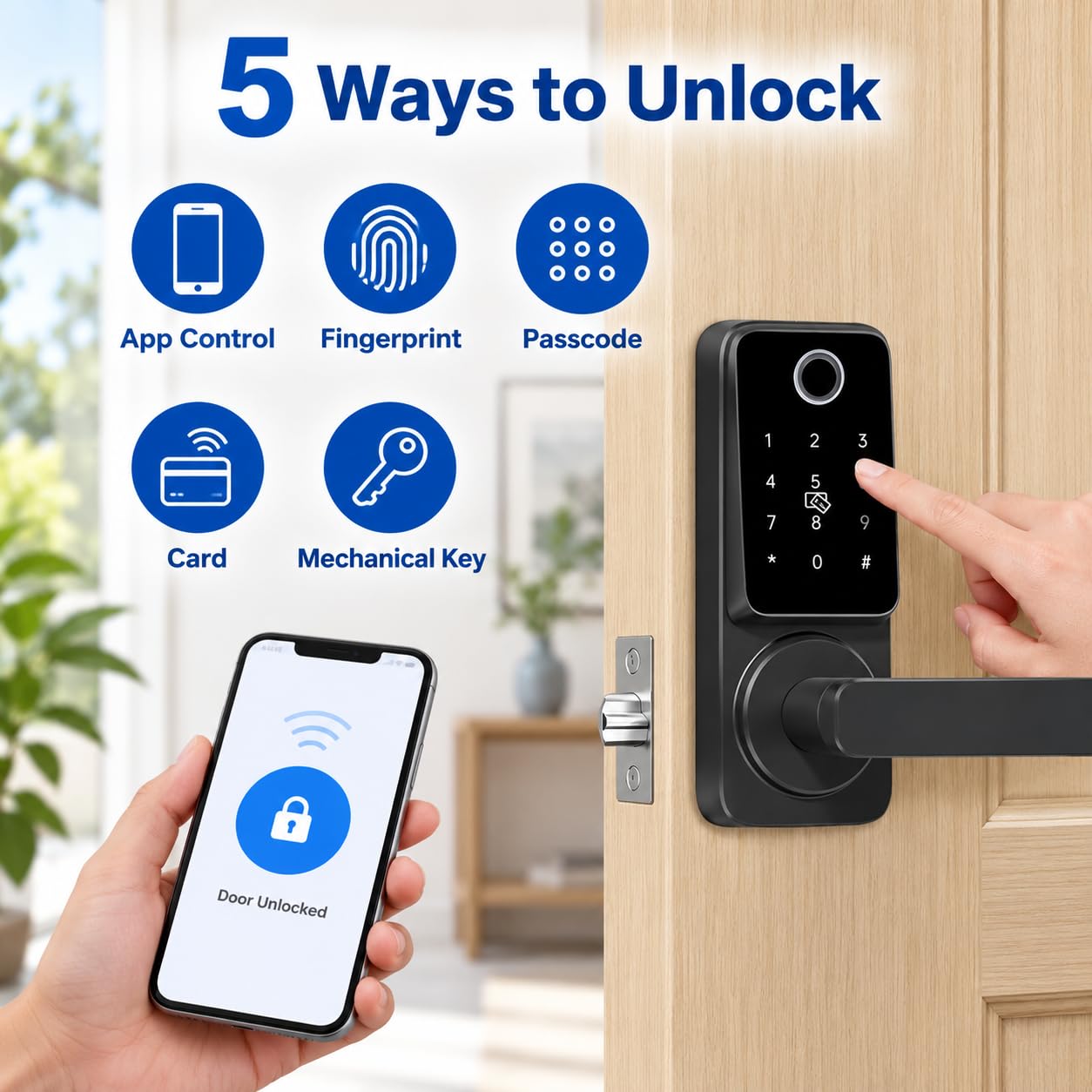 Cerradura de puerta con huella digital, manija sin llave con control