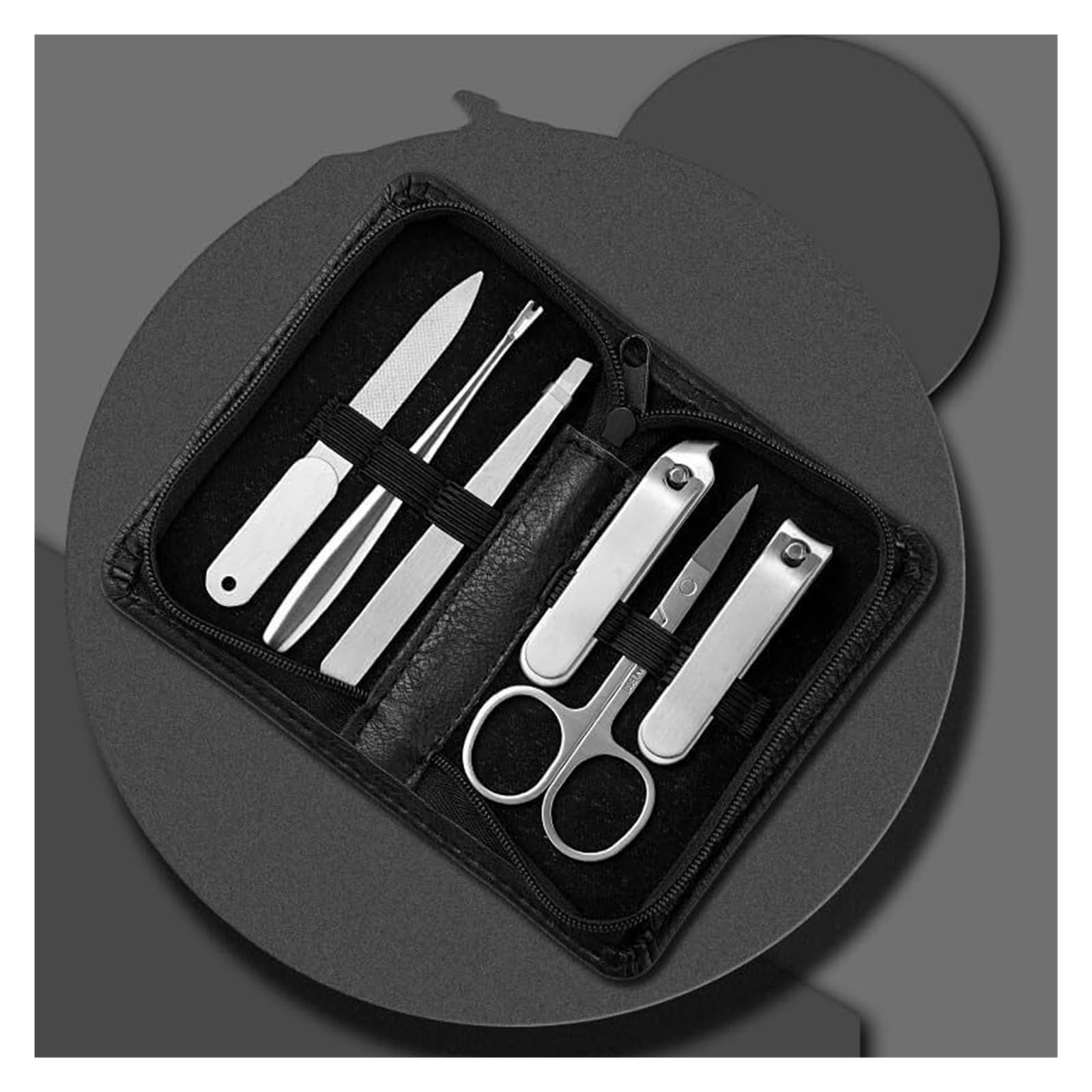 Juego de manicura y cortaúñas de Acero Inoxidable con Clip de Cuero sintético Negro (Negro, 14,5 x 11,5 cm)
