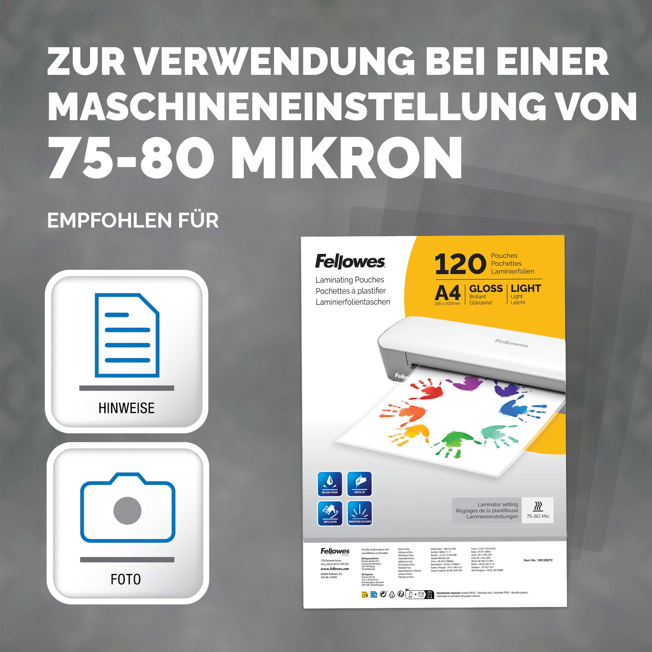 Fellowes Laminiergerät A4 Sola für Zuhause und Homeoffice, für Laminierfolien bis 125 Mikron Stärke, staufrei + Fellowes A4 Laminierfolien, glänzende Oberfläche, 120 Hüllen - Amazon Exclusive