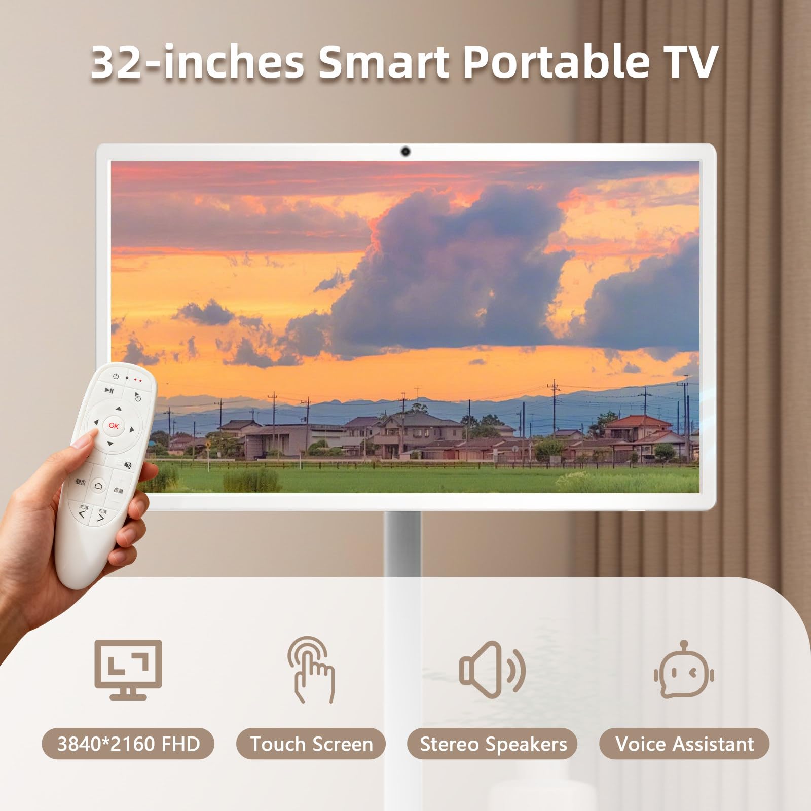 TV Portatile con Ruote,Supporto su Palo e Fotocamera Integrata da 13 MP,Display Touch Mobile,6G+128G,Batteria 8000 Integrata, per Streaming Live,Intrattenimento Domestico 22inch