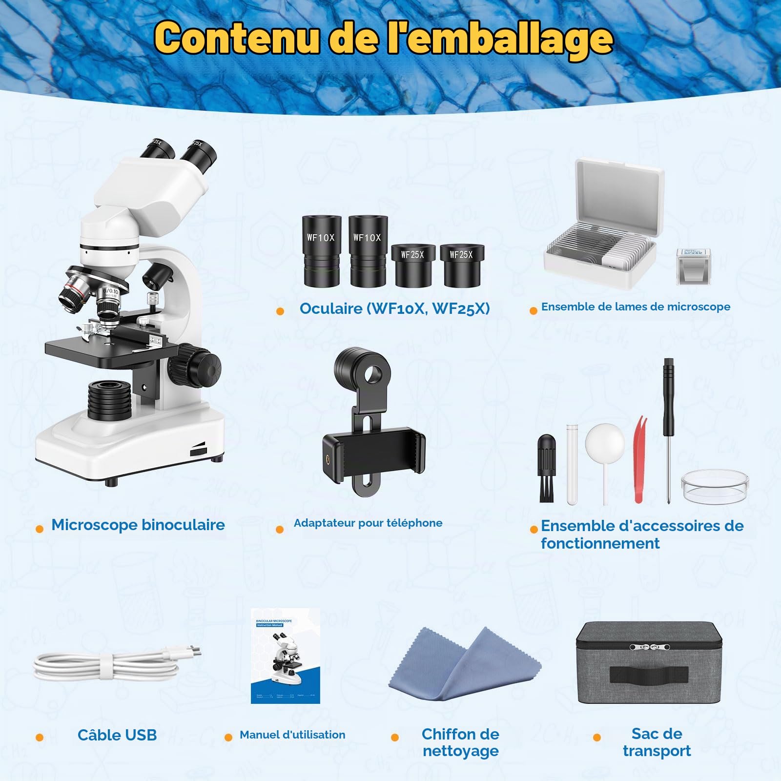Microscope Binoculaire Composé Professionnel 40X-1000X pour Enfants Adultes | Microscope avec Platine Mécanique Double LED Adaptateur Smartphone Mallette Transport pour Étudiant Laboratoire École Maison