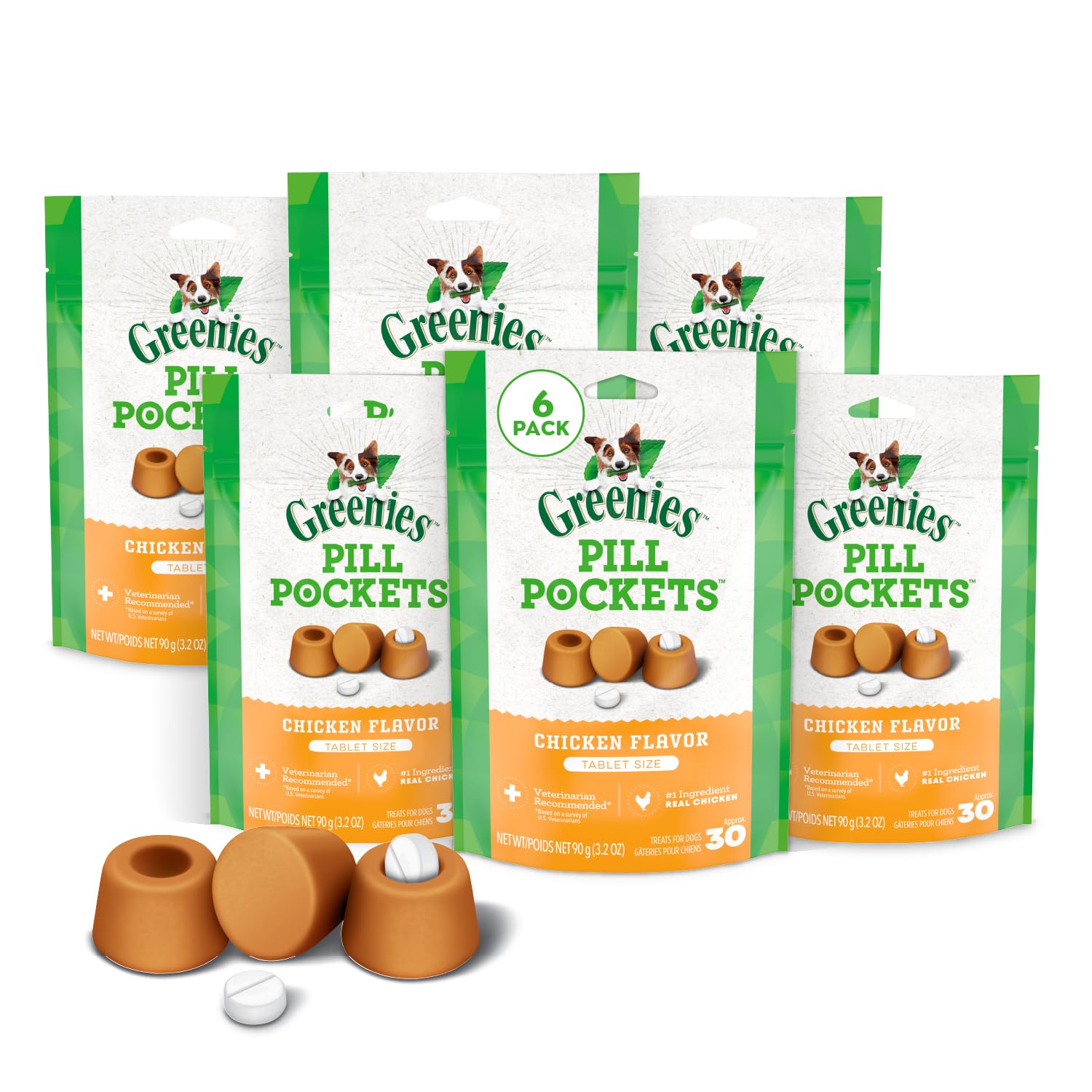 Greenies Pill Pockets for Dogs Capsule Size Natural Soft Dog Treats, Chicken Flavor, (6) 7.9 oz. Packs (180 Treats)